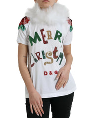 Dolce & Gabbana White Cotton Christmas Sequin Fur T-shirt - T-Shirts