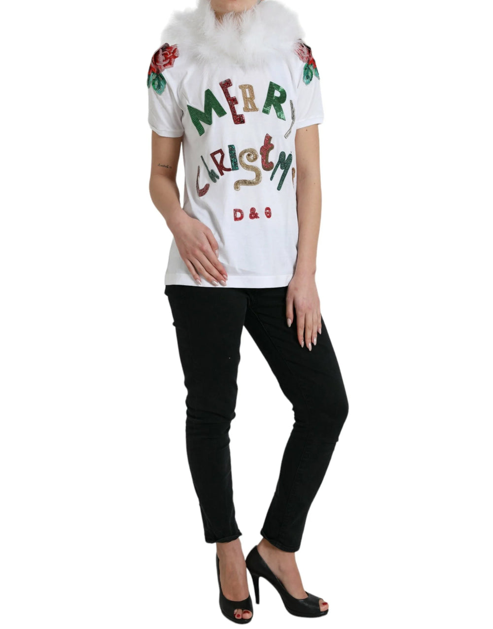 Dolce & Gabbana White Cotton Christmas Sequin Fur T-shirt - T-Shirts