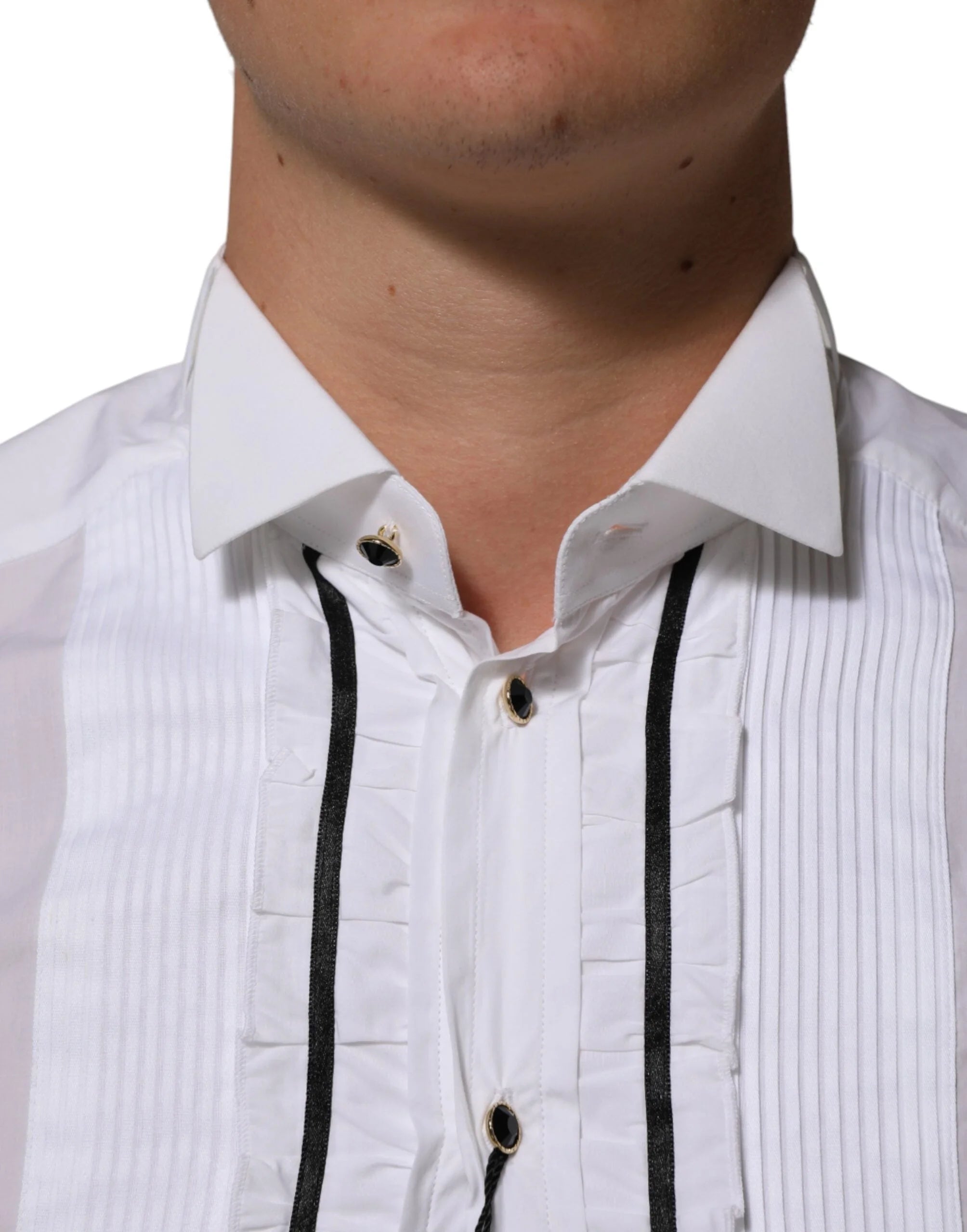 Dolce & Gabbana White Cotton Collared Long Sleeve GOLD Dress Shirt - IT38 | XS