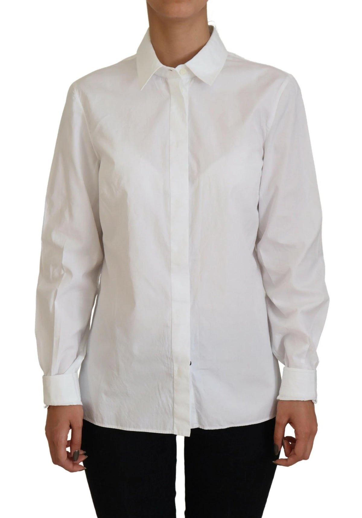 Dolce & Gabbana White Cotton Collared Long Sleeves Formal Top - Shirts