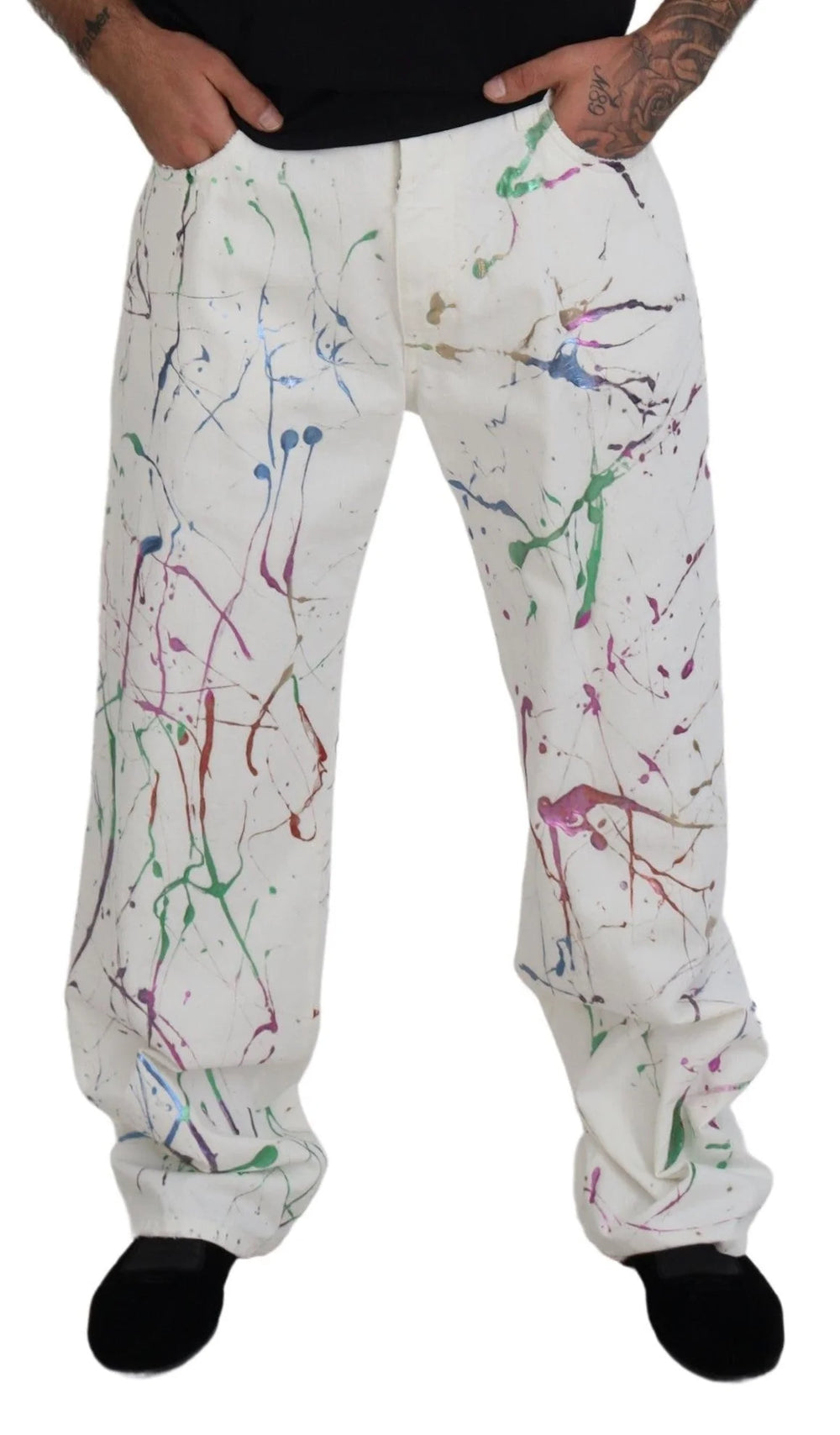 Dolce & Gabbana White Cotton Color Splash Print Denim Pants - IT48 | M - Jeans