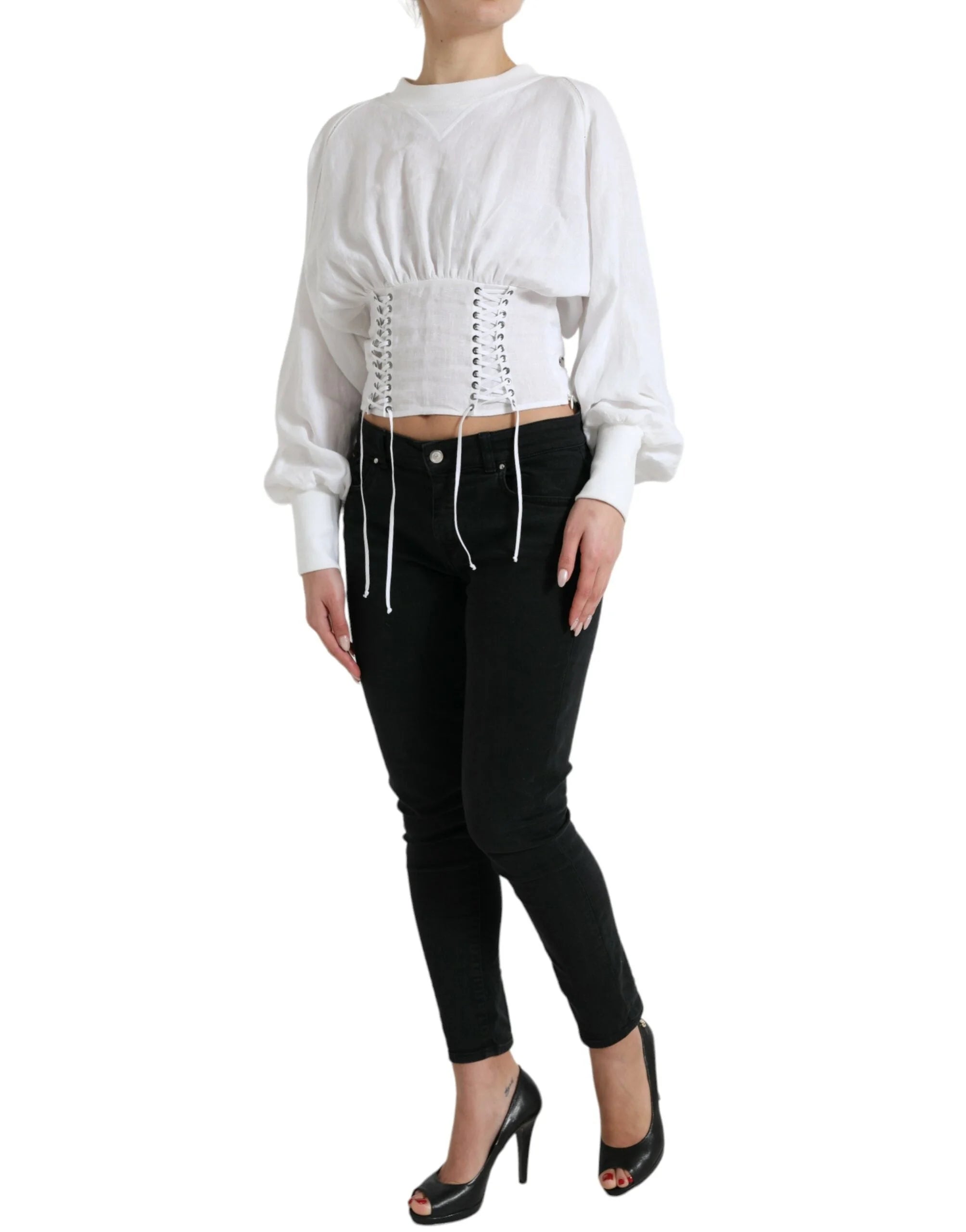 Dolce & Gabbana White Cotton Corset Cropped Long Sleeves Topclothing - IT40|S - Blouses