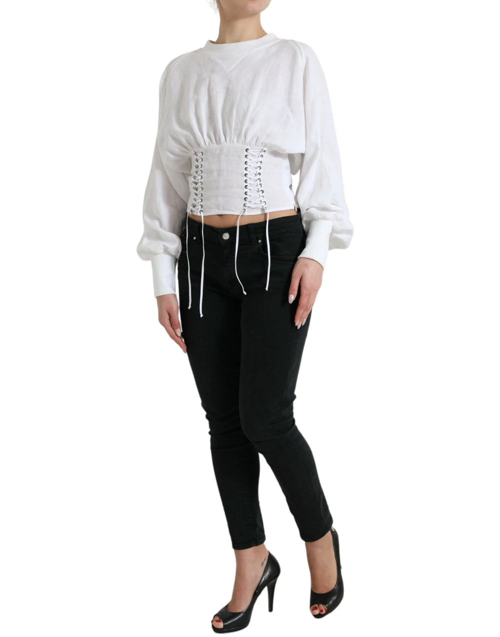 Dolce & Gabbana White Cotton Corset Cropped Long Sleeves Topclothing - IT40|S - Blouses