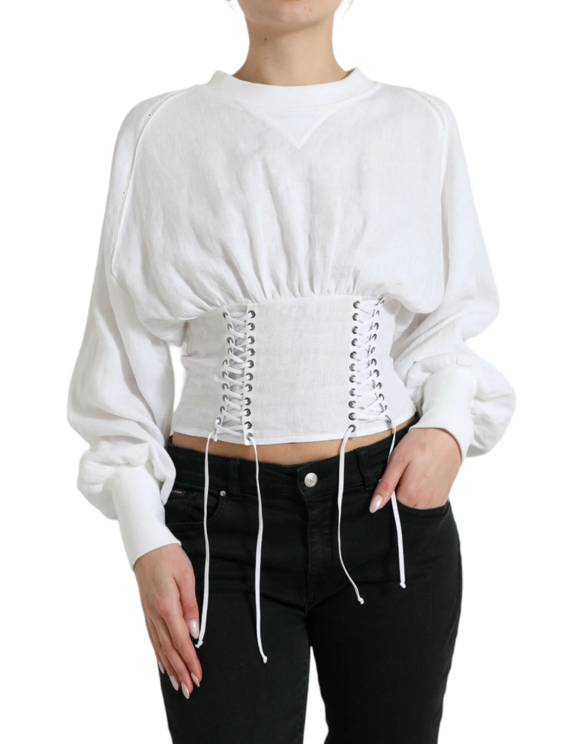 Dolce & Gabbana White Cotton Corset Cropped Long Sleeves Topclothing - IT40|S - Blouses