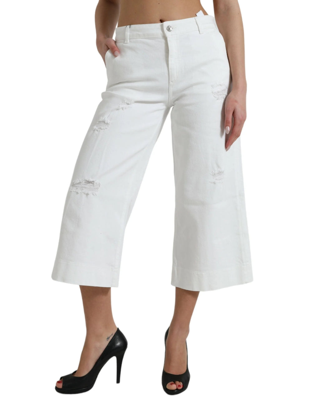 Dolce & Gabbana White Cotton Cropped Wide Leg Denim Jeans - IT42|M - Jeans