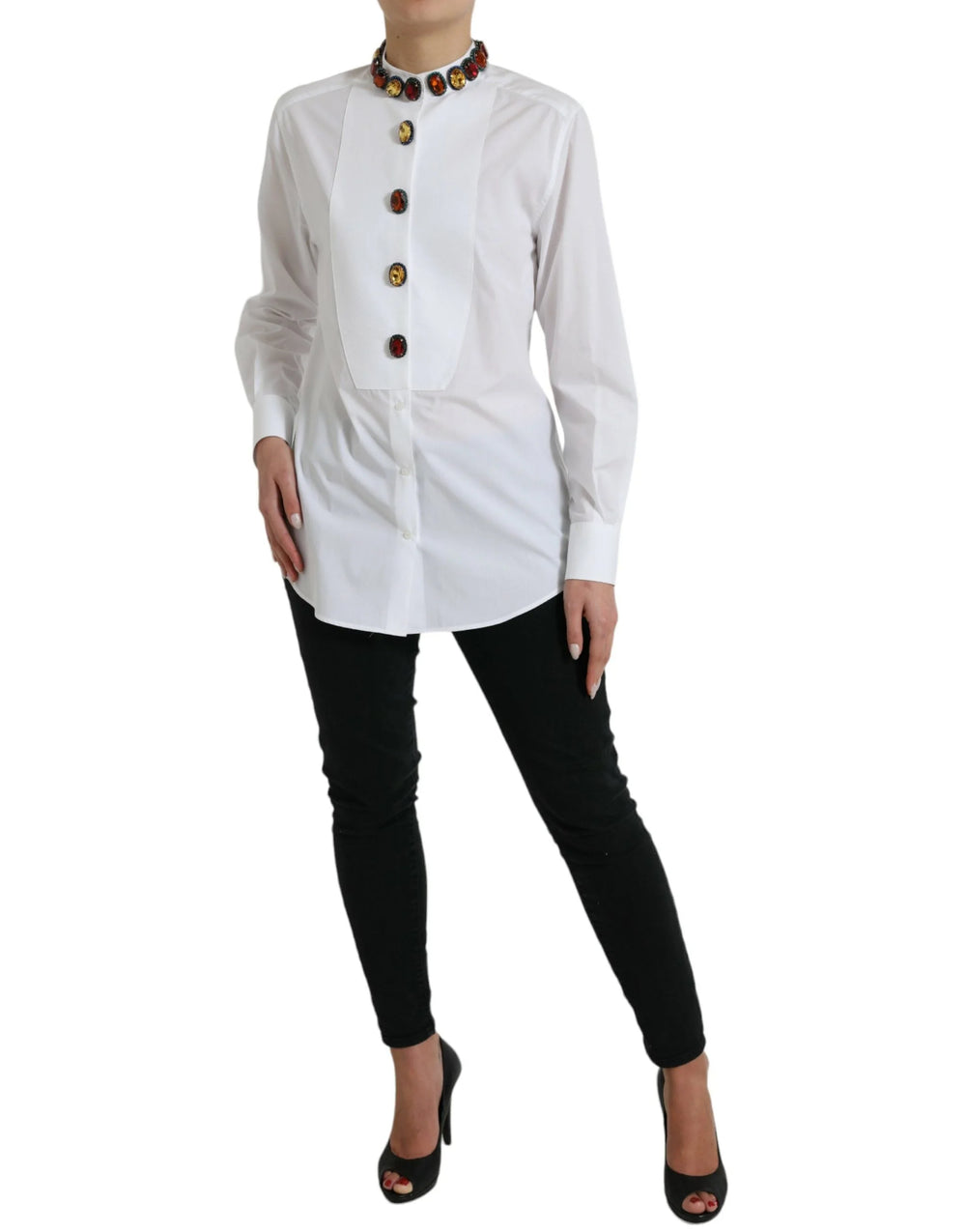 Dolce & Gabbana White Cotton Crystals Embellished Shirt Top - IT40|S - Shirts