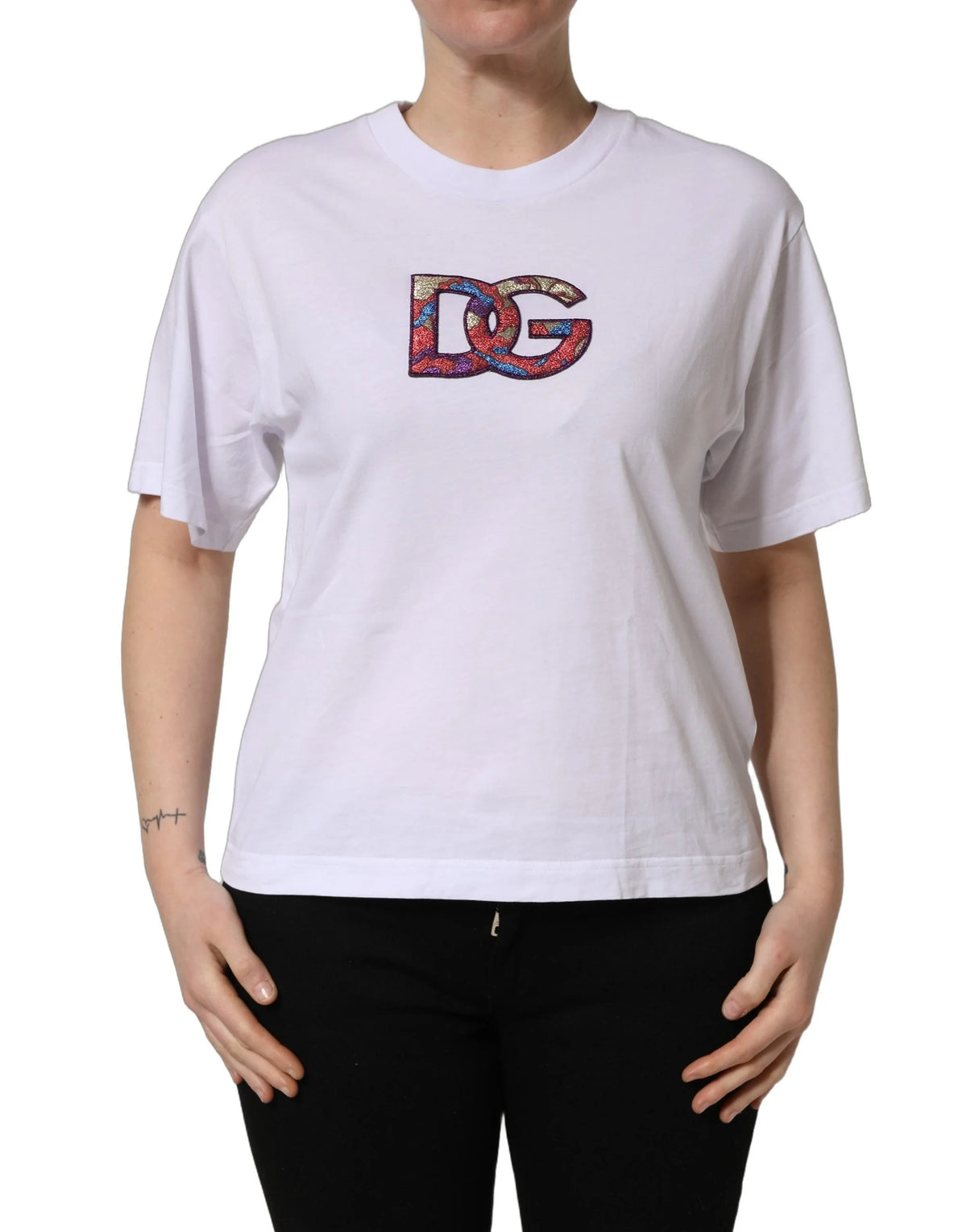 Dolce & Gabbana White Cotton DG Logo Patch Crew Neck T-shirt - IT38 | XS