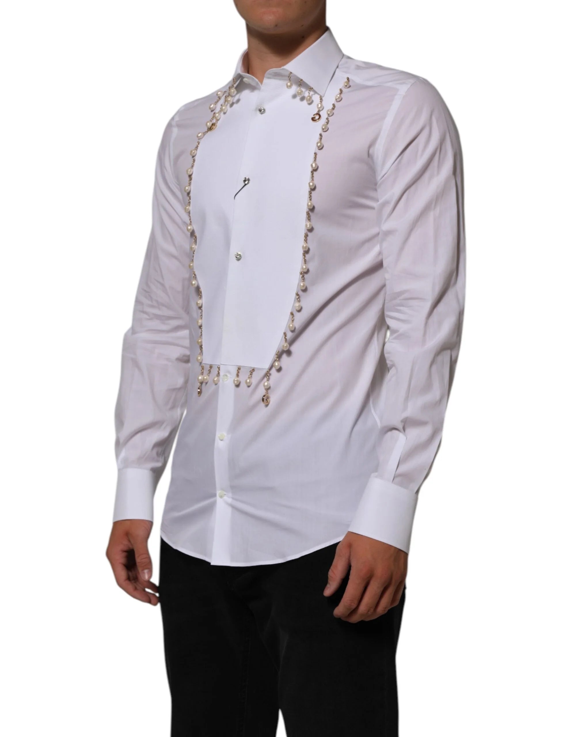 Dolce & Gabbana White Cotton DG Logo Pearl GOLD Formal Shirt - IT39 | S