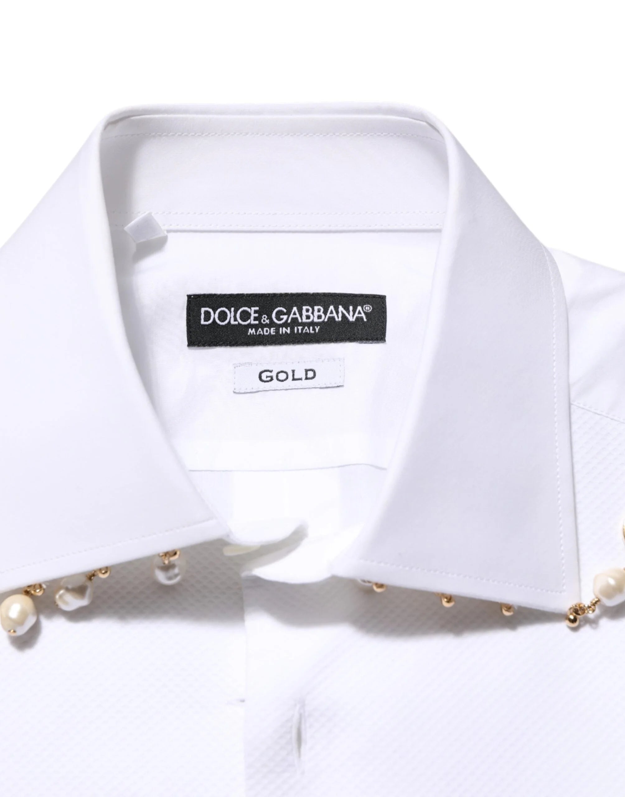 Dolce & Gabbana White Cotton DG Logo Pearl GOLD Formal Shirt - IT39 | S