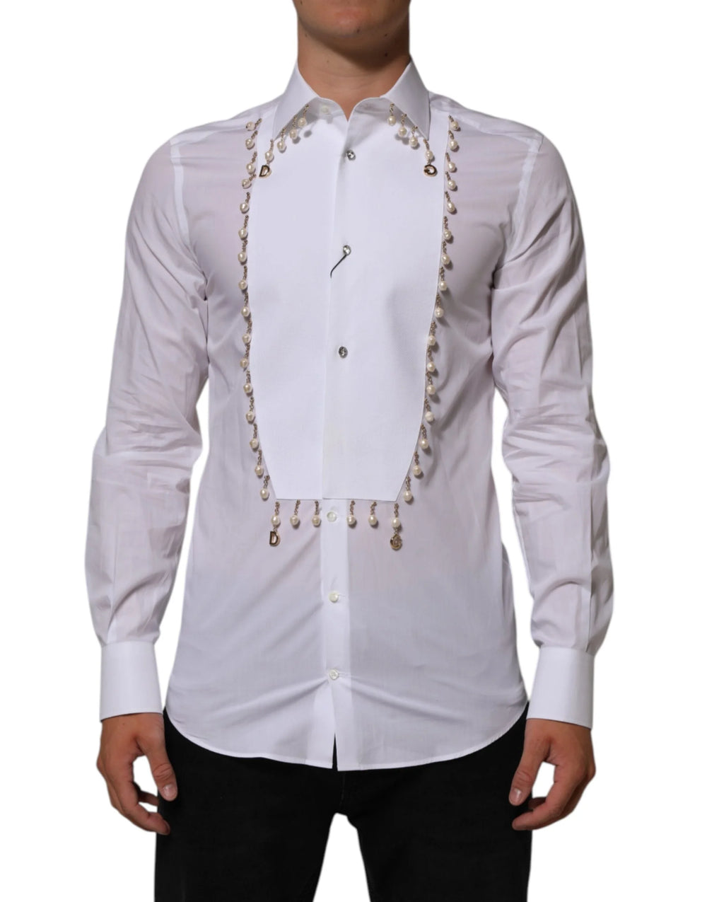 Dolce & Gabbana White Cotton DG Logo Pearl GOLD Formal Shirt - IT39 | S - Shirts