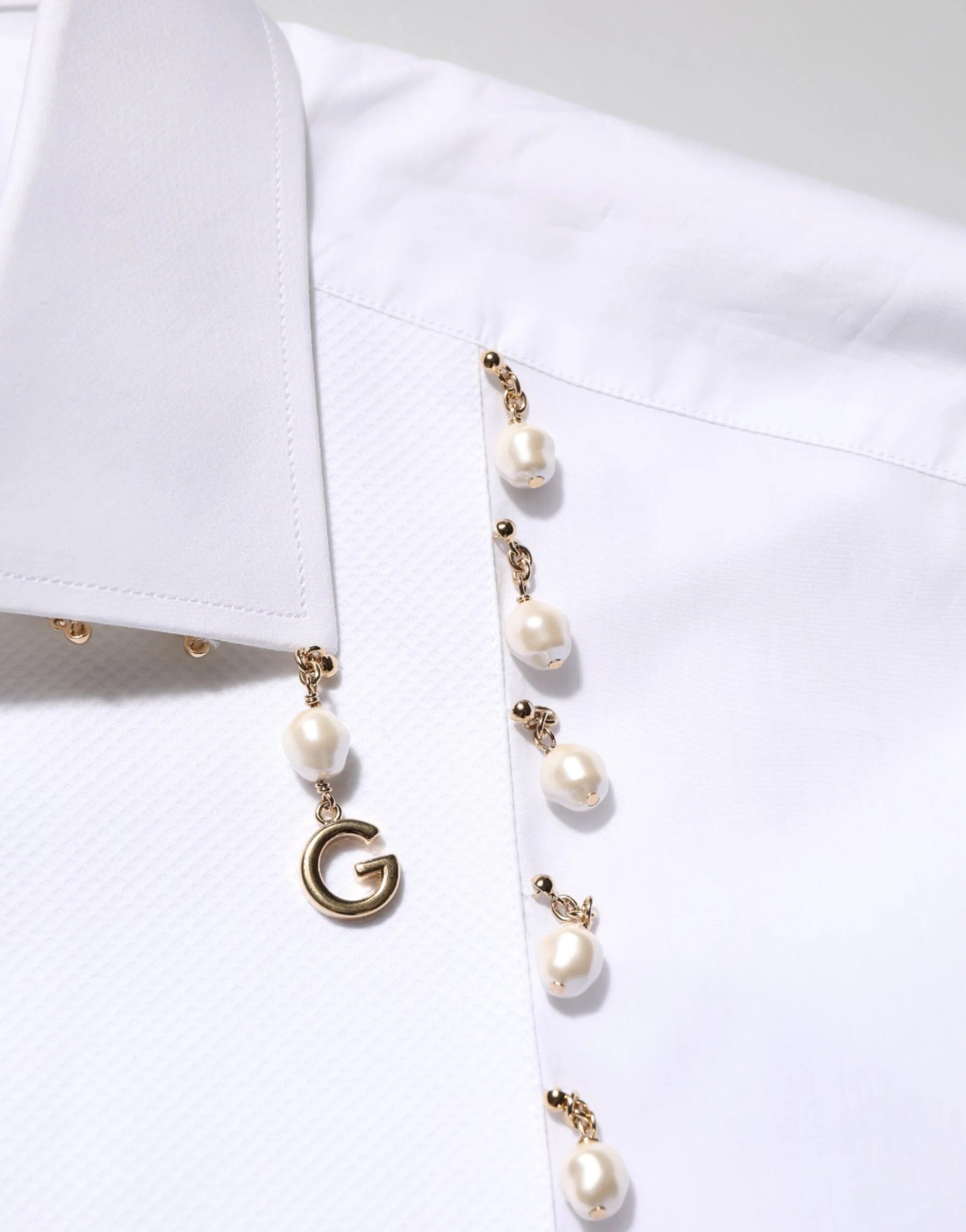 Dolce & Gabbana White Cotton DG Logo Pearl GOLD Formal Shirt - IT39 | S - Shirts