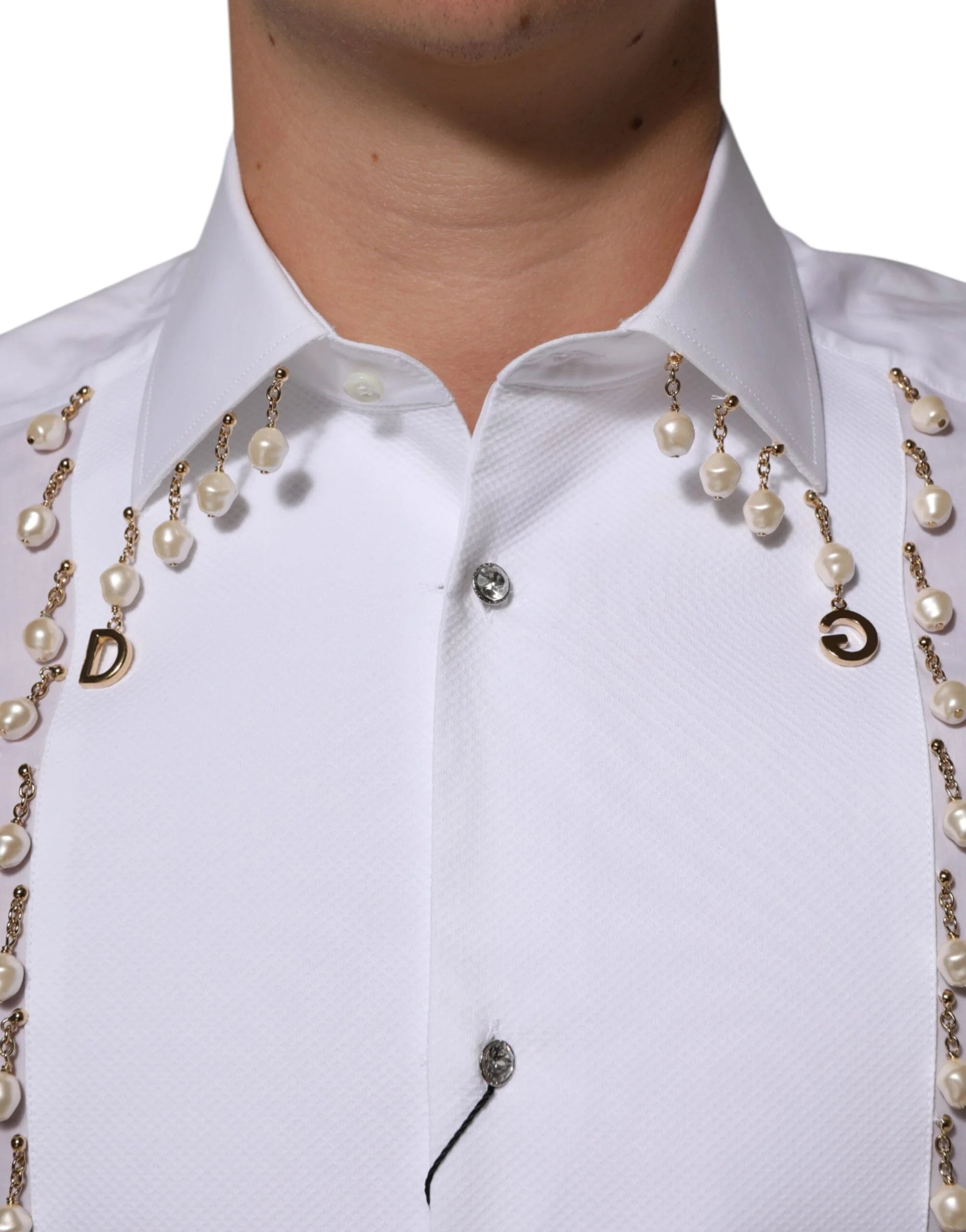 Dolce & Gabbana White Cotton DG Logo Pearl GOLD Formal Shirt - IT39 | S
