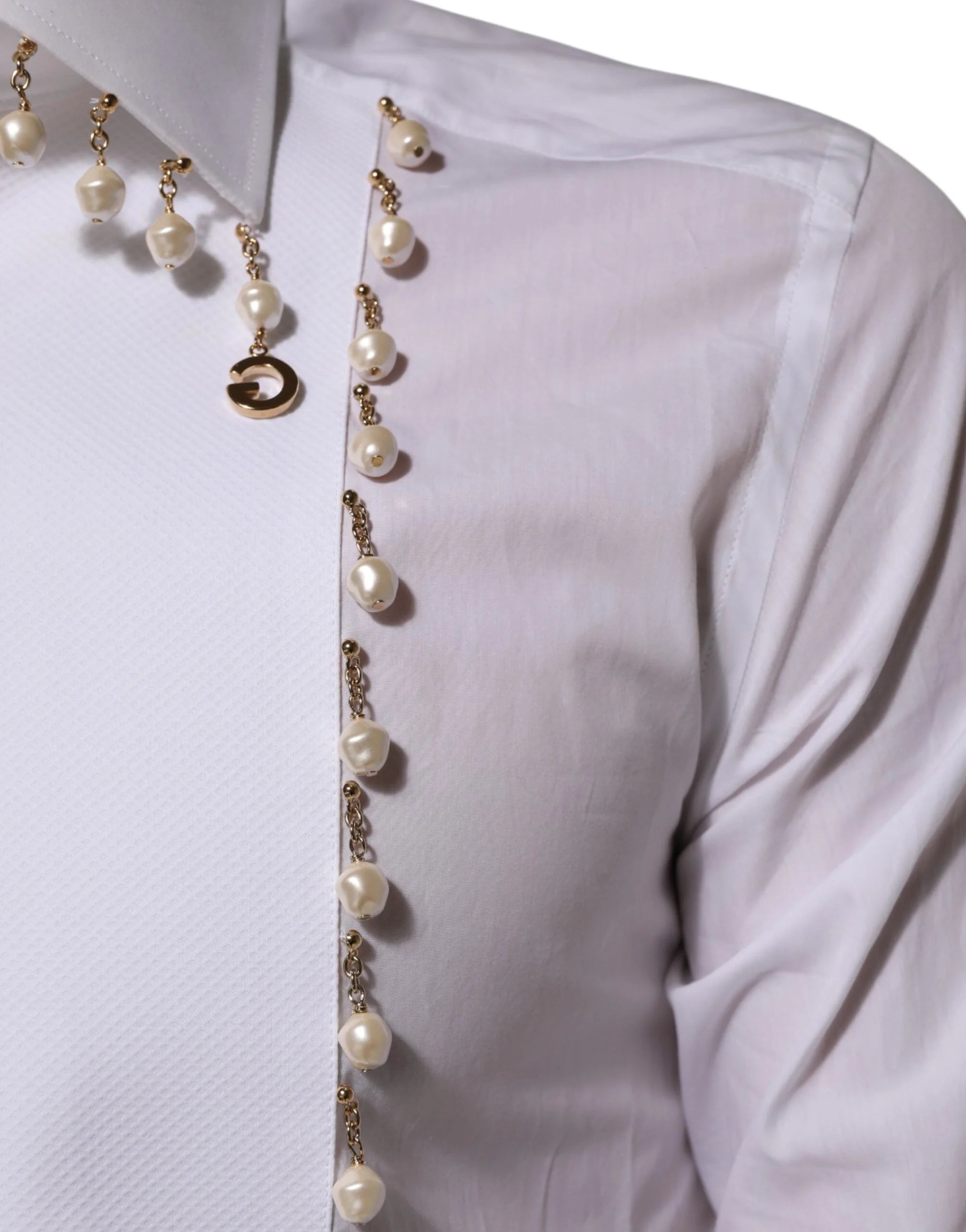 Dolce & Gabbana White Cotton DG Logo Pearl GOLD Formal Shirt - IT39 | S - Shirts