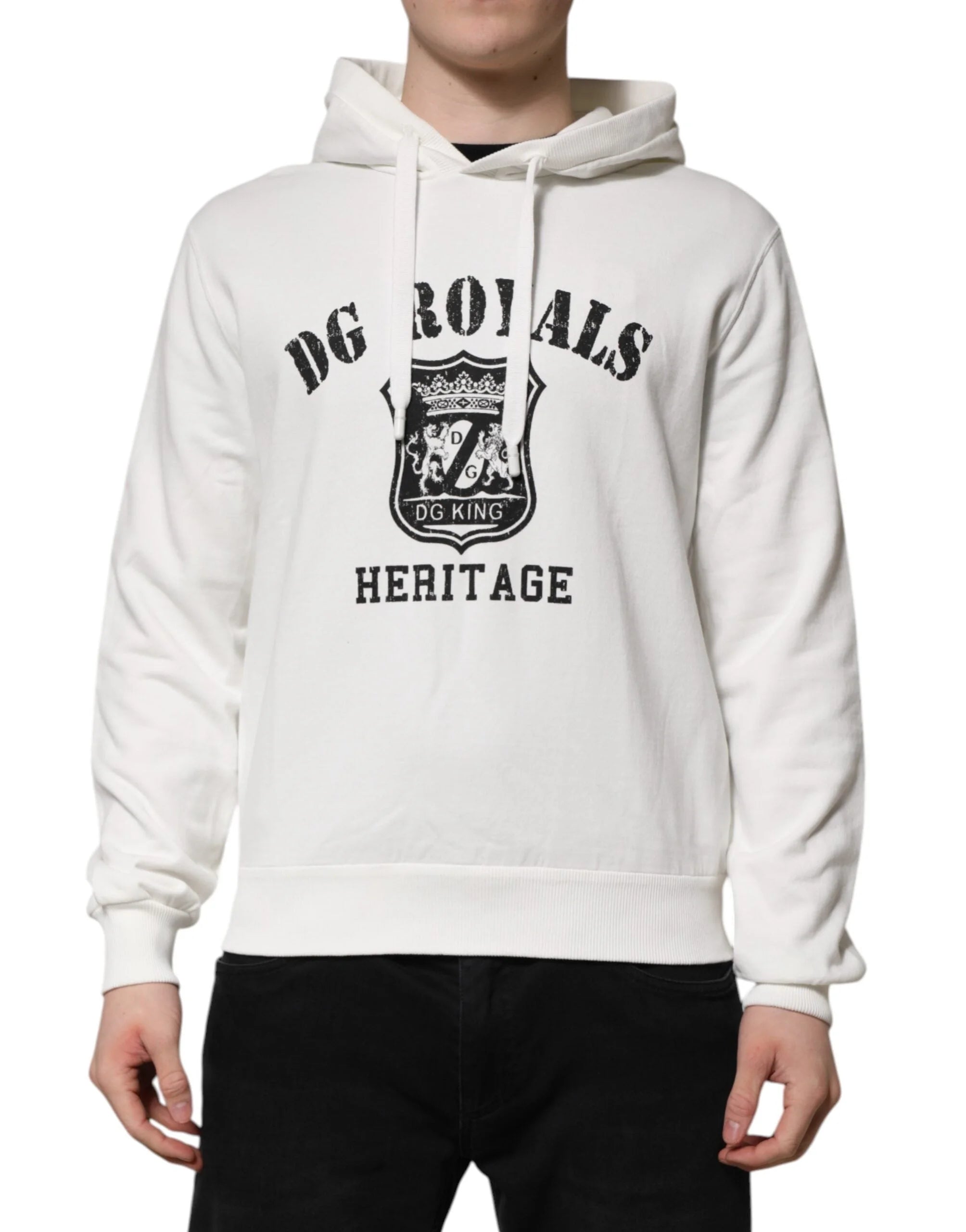 Dolce & Gabbana White Cotton DG ROYAL Print Hooded Sweater - Hoodies