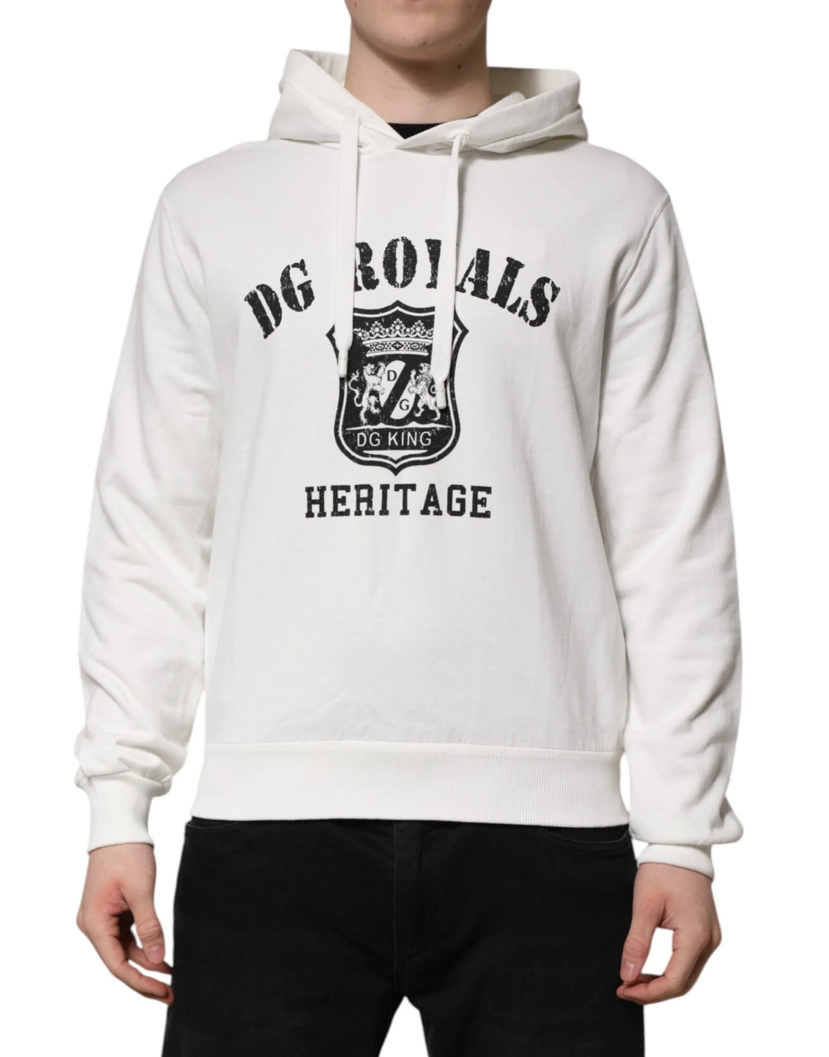 Dolce & Gabbana White Cotton DG ROYAL Print Hooded Sweater - Hoodies