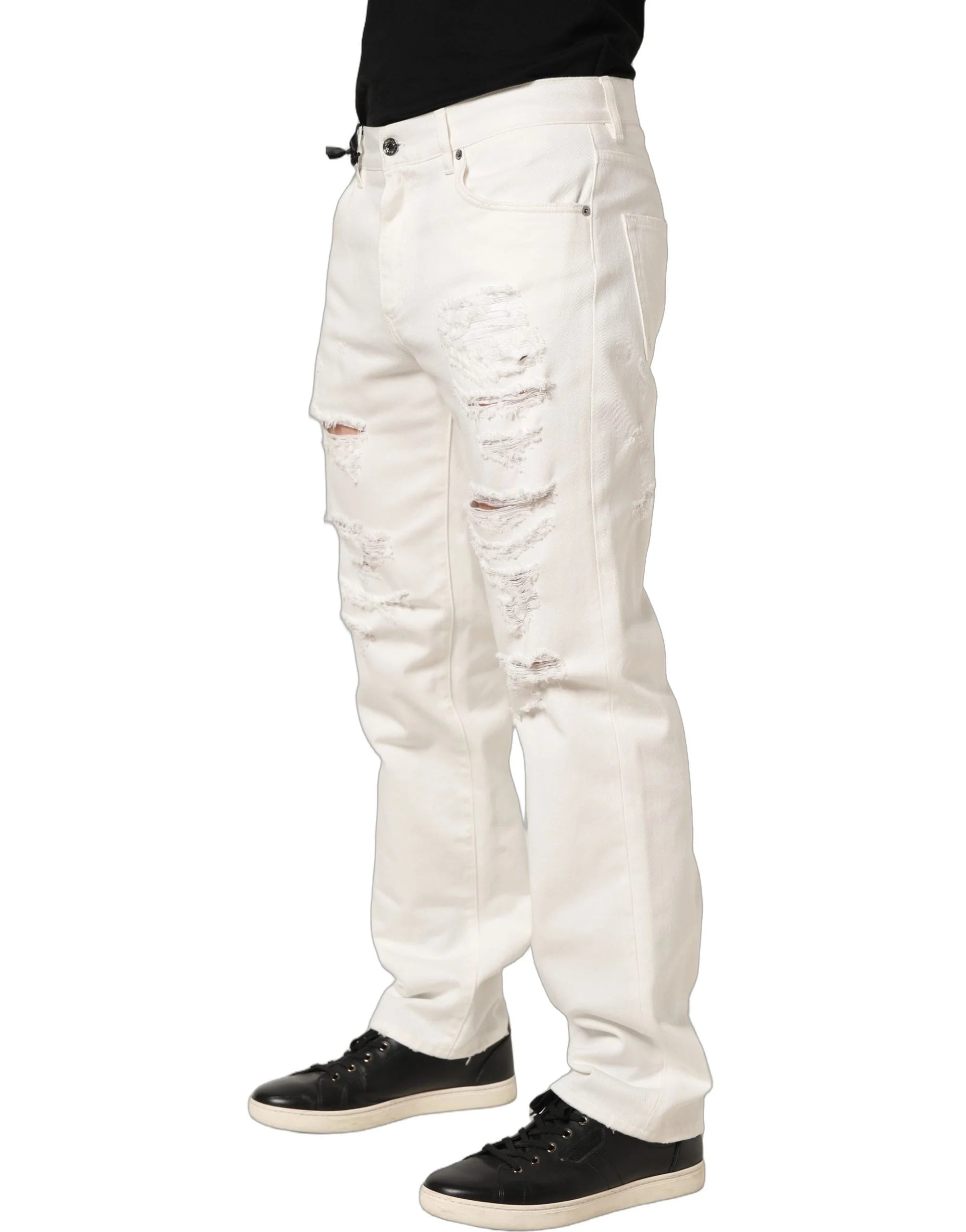 Dolce & Gabbana White Cotton Distressed Straight Denim Jeans - IT48 | M