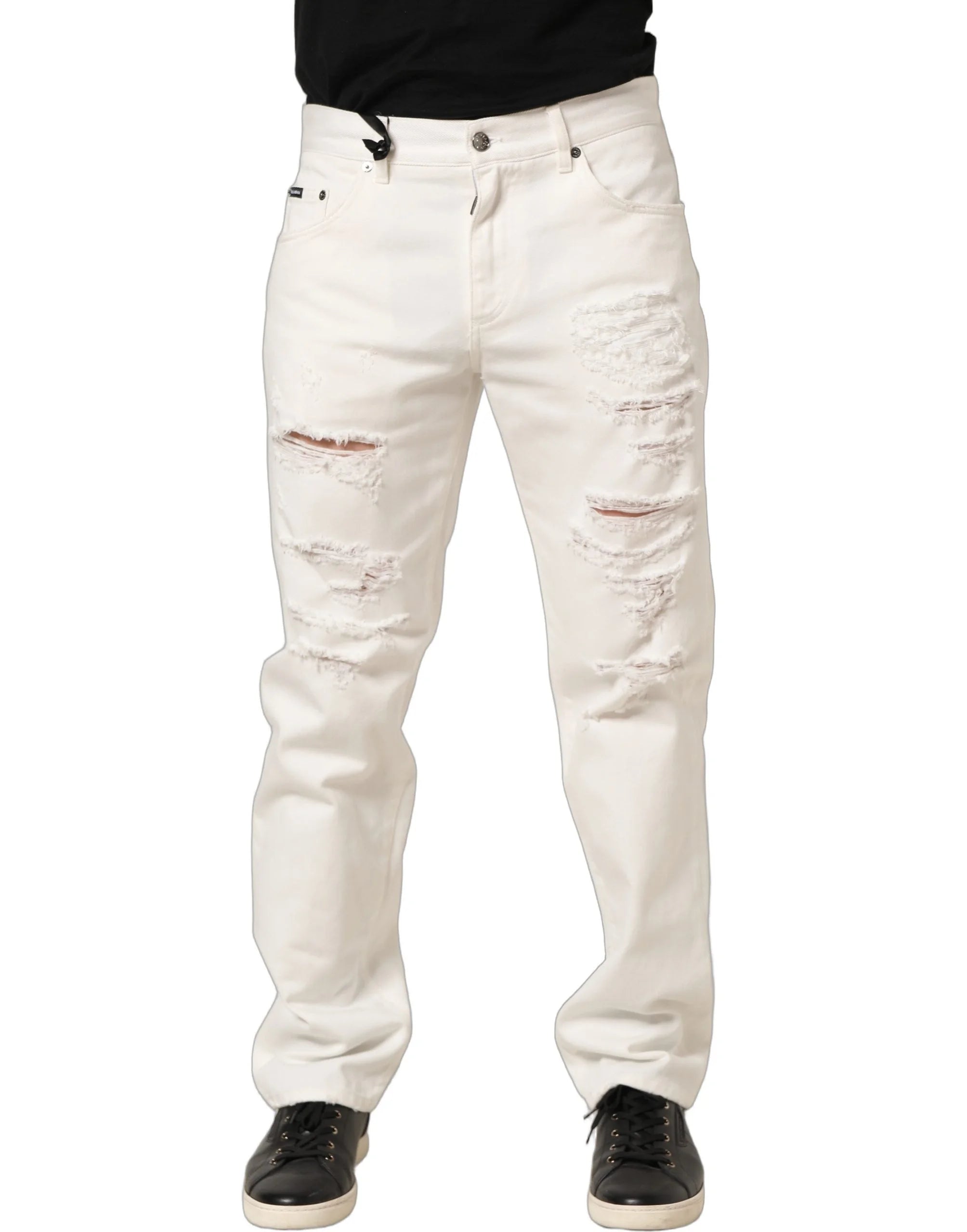 Dolce & Gabbana White Cotton Distressed Straight Denim Jeans - IT48 | M