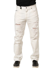Dolce & Gabbana White Cotton Distressed Straight Denim Jeans - IT48 | M