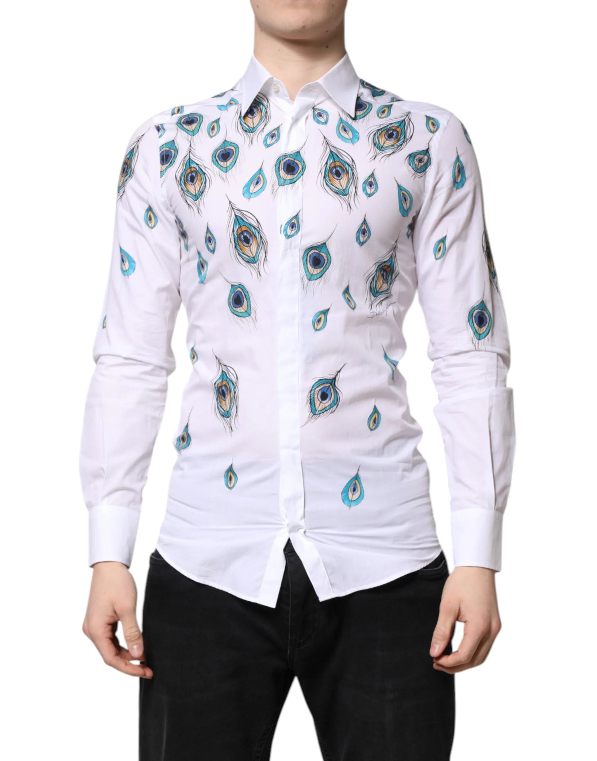 Dolce & Gabbana White Cotton Feather Print GOLD Dress Shirt - IT38 | XS - Shirts