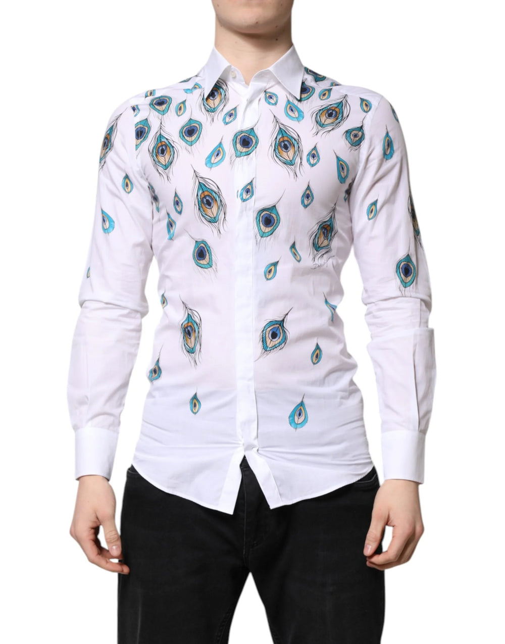 Dolce & Gabbana White Cotton Feather Print GOLD Dress Shirt - IT38 | XS - Shirts