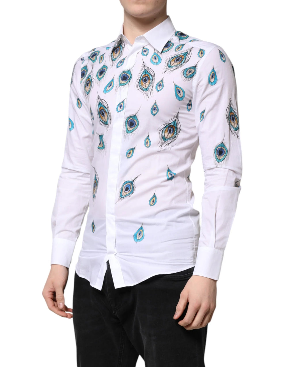 Dolce & Gabbana White Cotton Feather Print GOLD Dress Shirt - IT38 | XS - Shirts