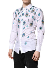 Dolce & Gabbana White Cotton Feather Print GOLD Dress Shirt - IT38 | XS - Shirts