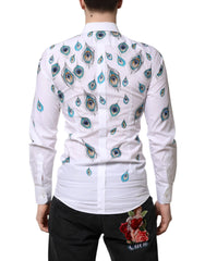Dolce & Gabbana White Cotton Feather Print GOLD Dress Shirt - IT38 | XS - Shirts