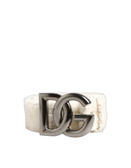 Dolce & Gabbana White Cotton Fleece DG Logo Metal Buckle Belt - 90 cm / 36 Inches
