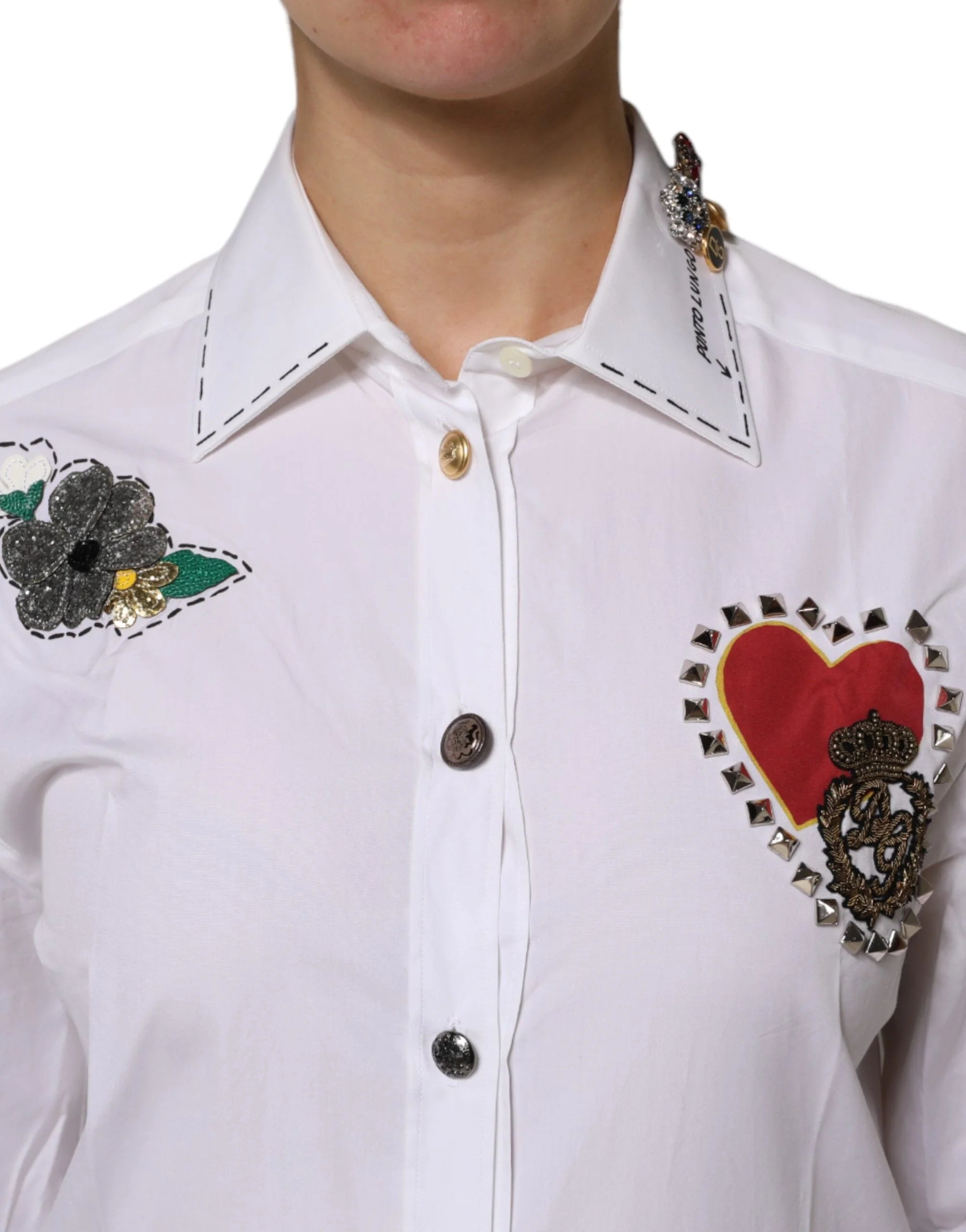 Dolce & Gabbana White Cotton Floral Embellished Shirt Top - IT40|S - Shirts