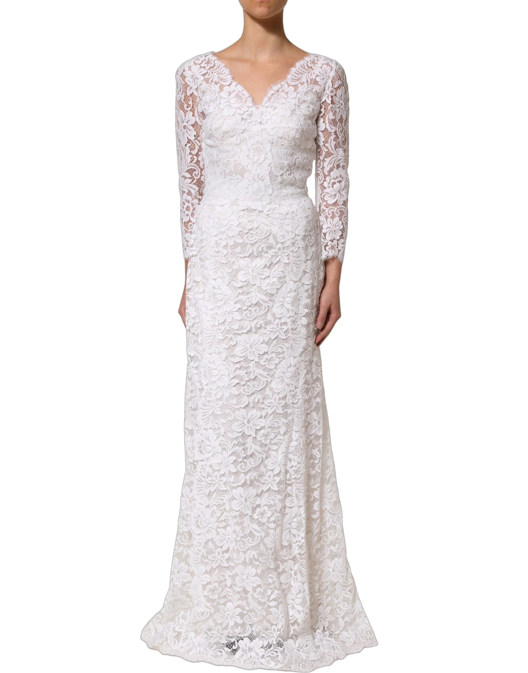Dolce & Gabbana White Cotton Floral Lace Long Gown Dress - IT42|M