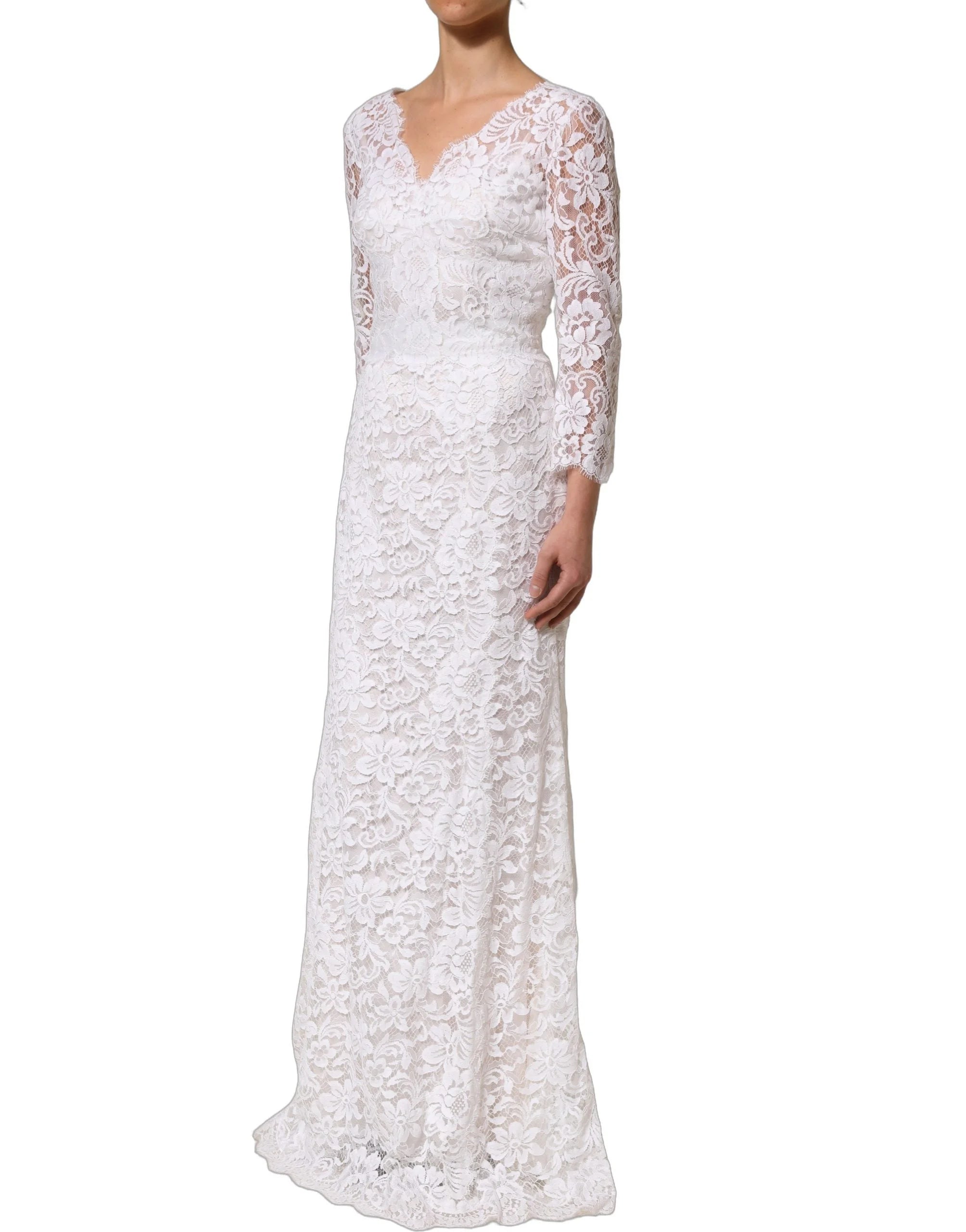 Dolce & Gabbana White Cotton Floral Lace Long Gown Dress - IT42|M