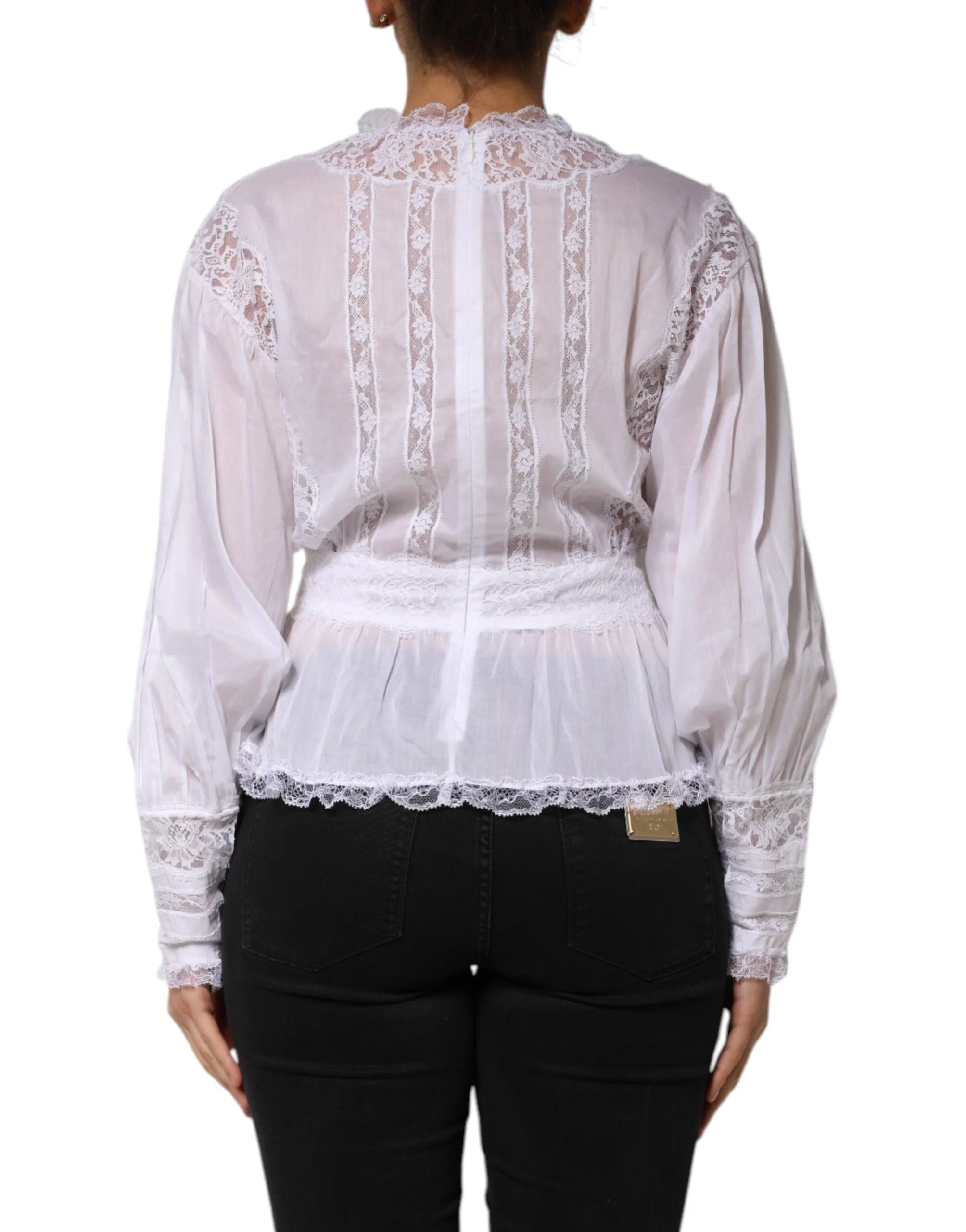 Dolce & Gabbana White Cotton Floral Lace Long Sleeves Top - IT44 | L - Blouses