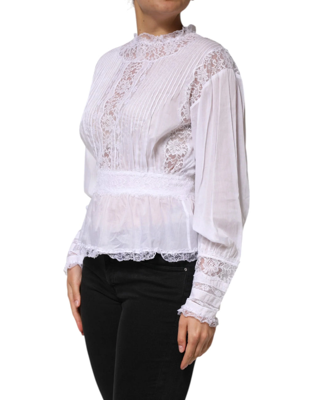 Dolce & Gabbana White Cotton Floral Lace Long Sleeves Top - IT44 | L - Blouses