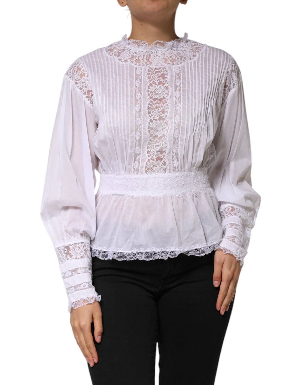 Dolce & Gabbana White Cotton Floral Lace Long Sleeves Top - IT44 | L - Blouses