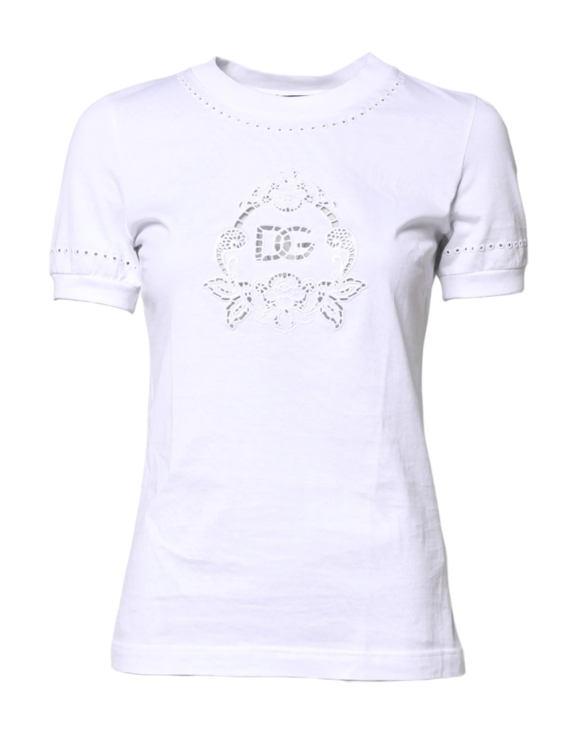 Dolce & Gabbana White Cotton Floral Logo Crew Neck T-shirt - IT36|XXS - T-Shirts