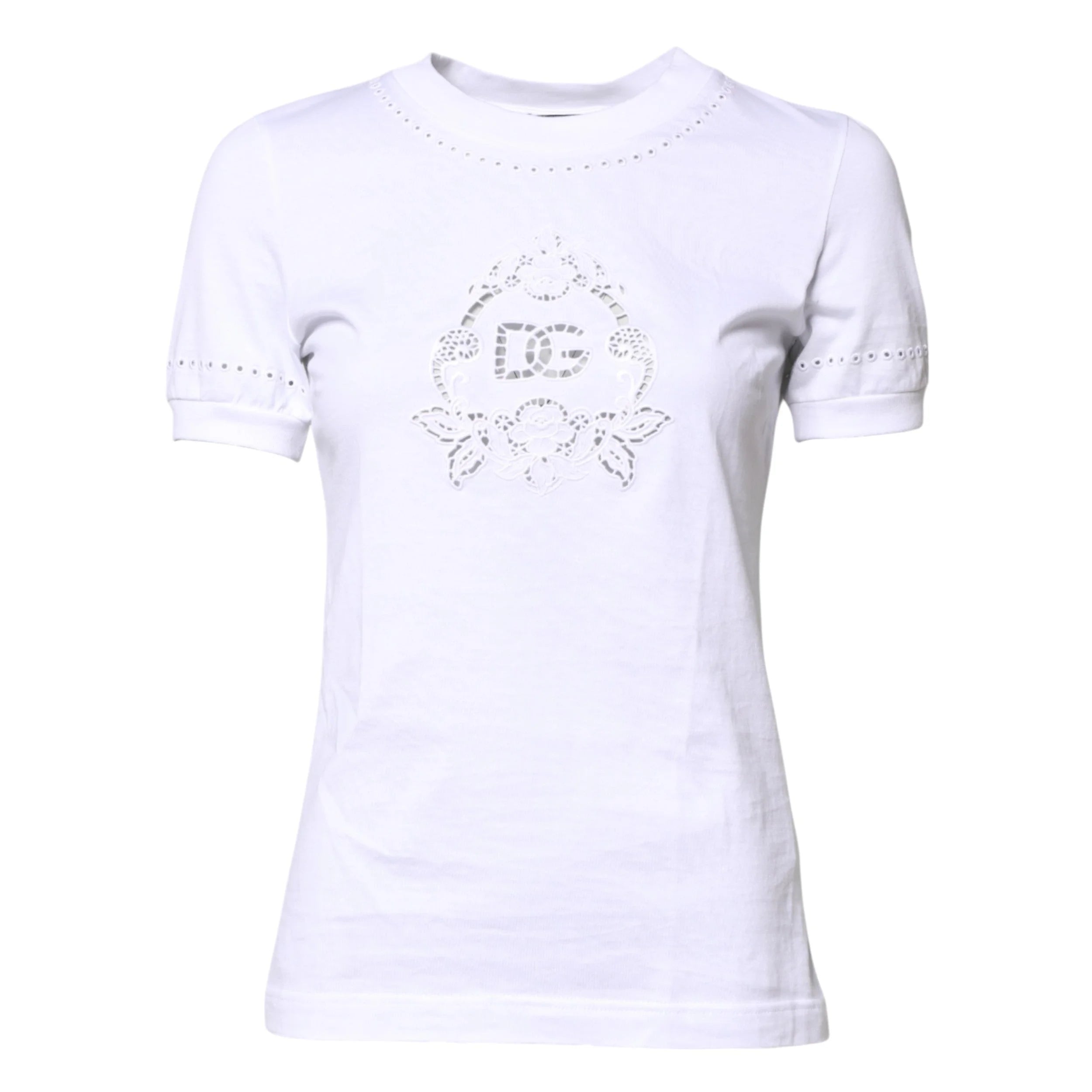 Dolce & Gabbana White Cotton Floral Logo Crew Neck T-shirt - IT36|XXS - T-Shirts