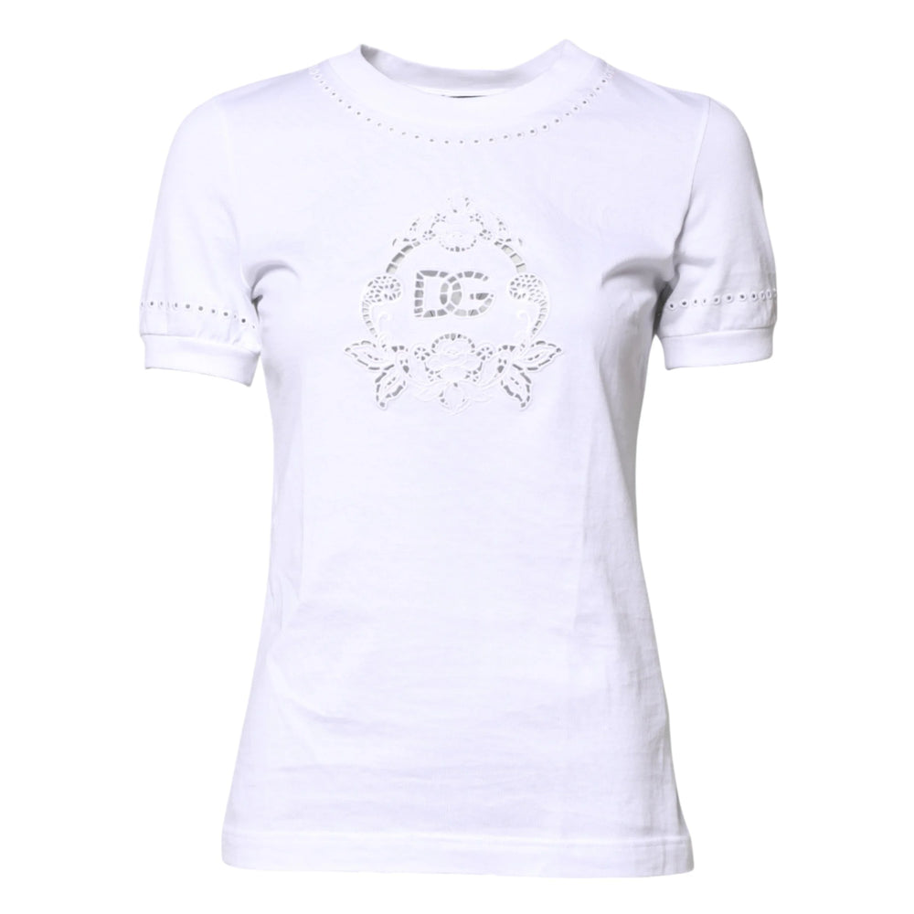 Dolce & Gabbana White Cotton Floral Logo Crew Neck T-shirt - IT36|XXS - T-Shirts