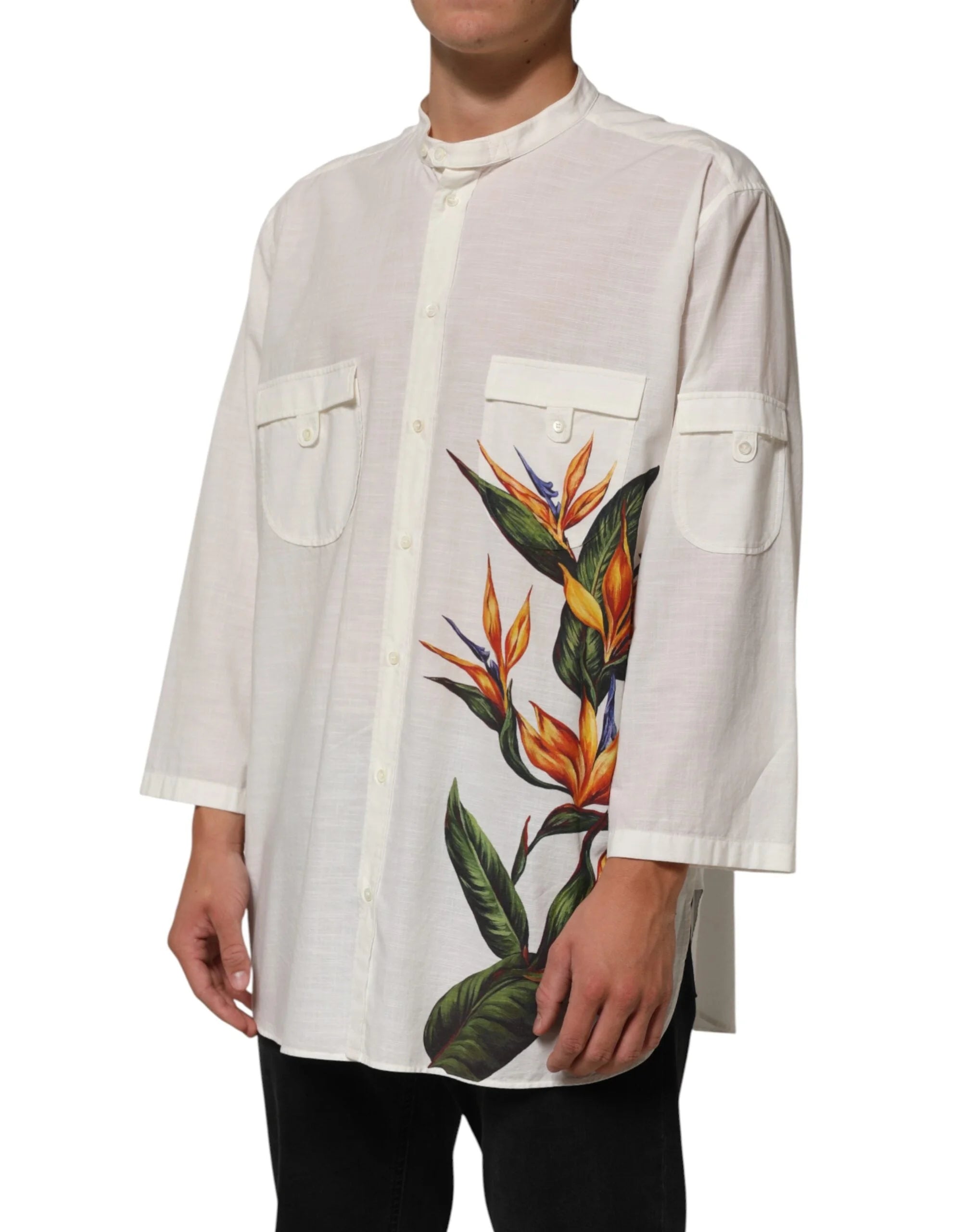 Dolce & Gabbana White Cotton Floral Print Button Down Shirt - IT44 | 3XL