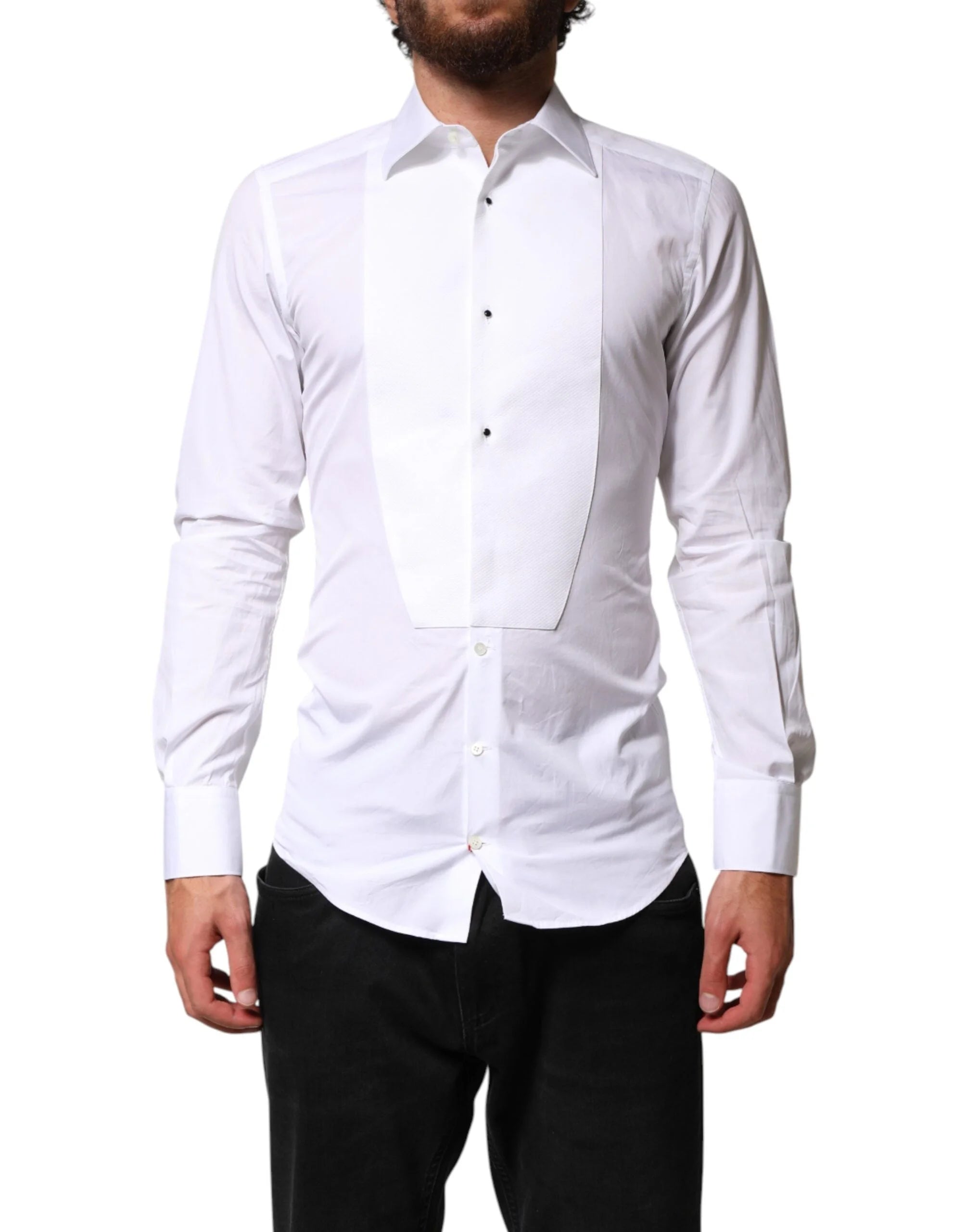 Dolce & Gabbana White Cotton GOLD Collared Dress Bib Formal Shirt - IT37 | XS