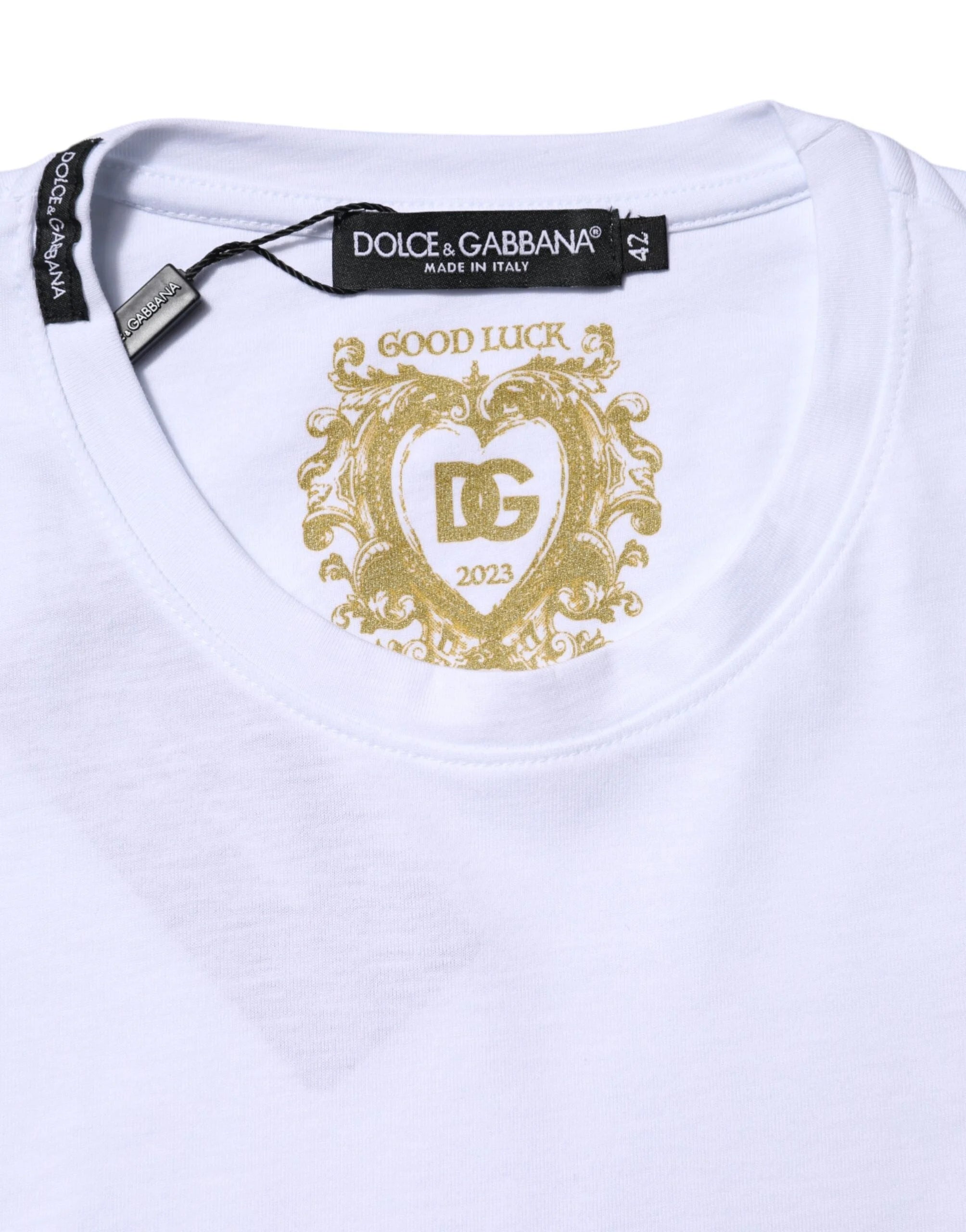 Dolce & Gabbana White Cotton Goodluck 2023 Crew Neck T-shirt - T-Shirts