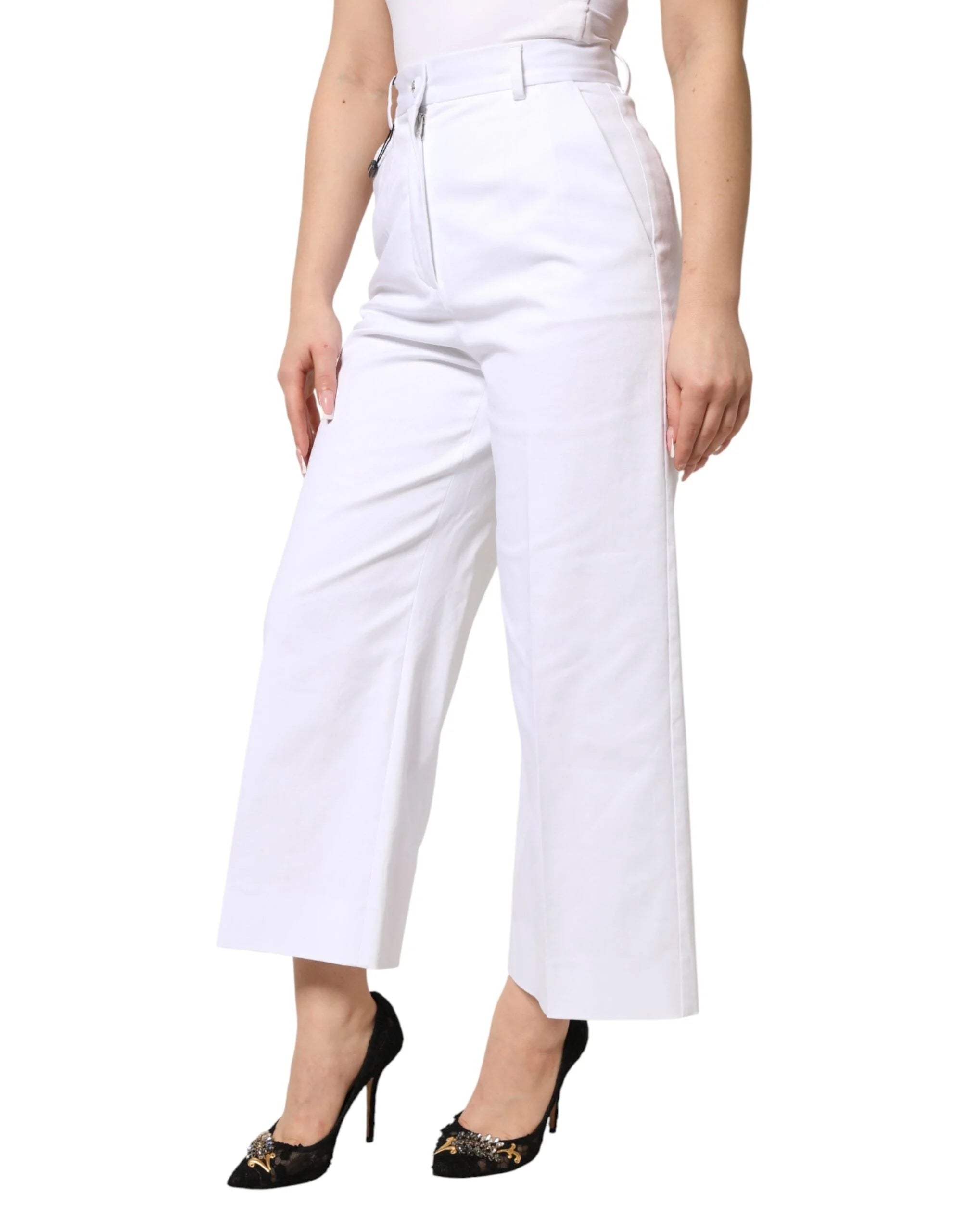 Dolce & Gabbana White Cotton High Waist WideLeg Cropped Pants - IT38 | XS