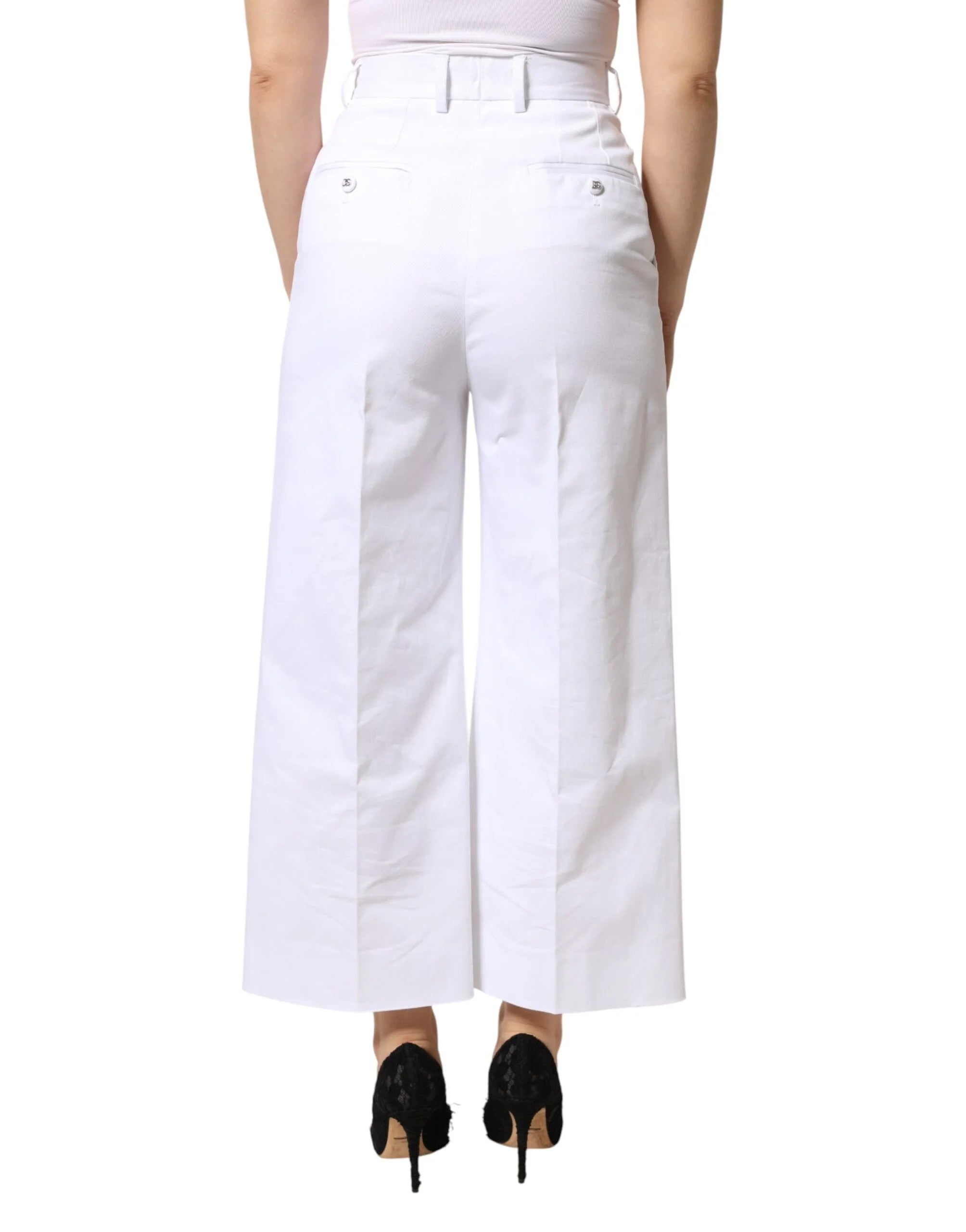 Dolce & Gabbana White Cotton High Waist WideLeg Cropped Pants - IT38 | XS