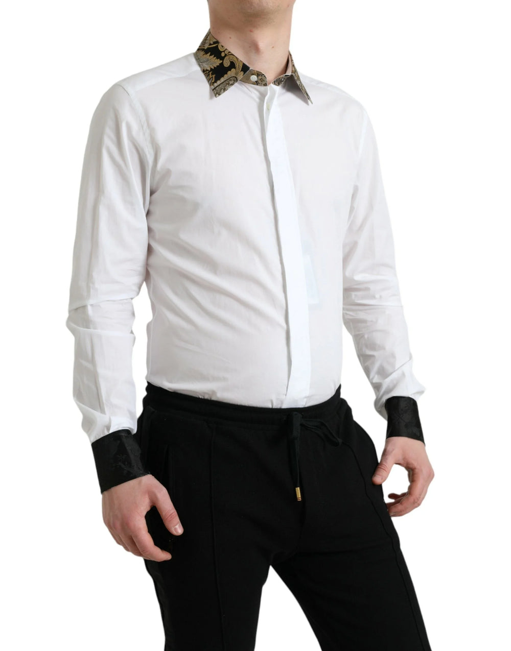 Dolce & Gabbana White Cotton Jacquard Formal GOLD Dress Shirt - IT38 | XS - Shirts