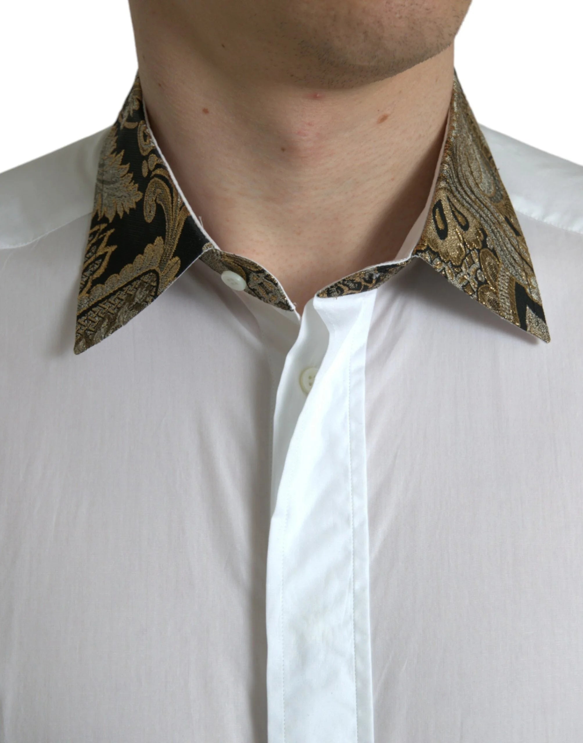 Dolce & Gabbana White Cotton Jacquard Formal GOLD Dress Shirt - IT38 | XS - Shirts