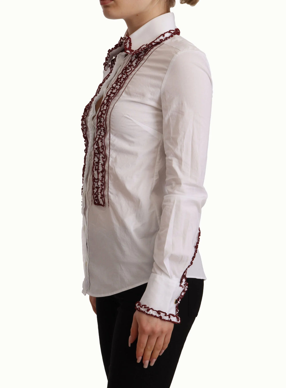 Dolce & Gabbana White Cotton Lace Long Sleeves Ruffle Collar Top Shirt - IT36 | XS - Shirts
