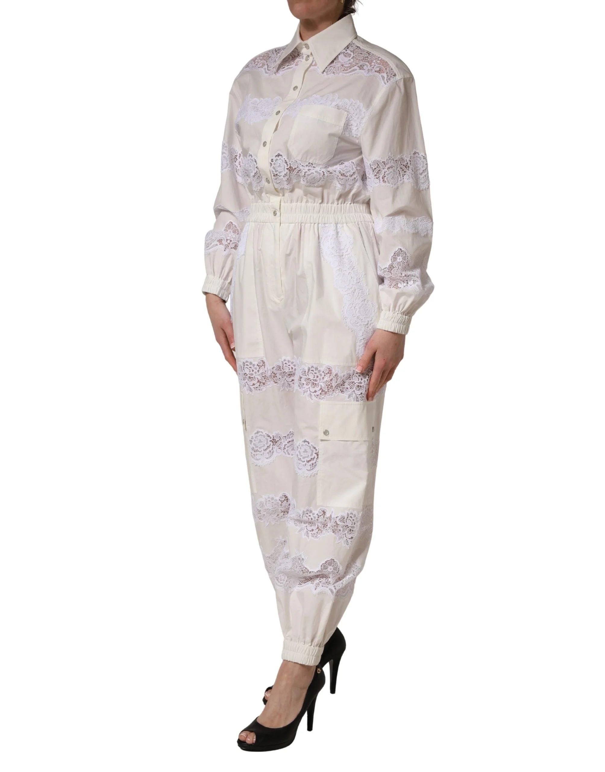 Dolce & Gabbana White Cotton Lace Trim Long Sleeves Jumpsuit - IT40|S