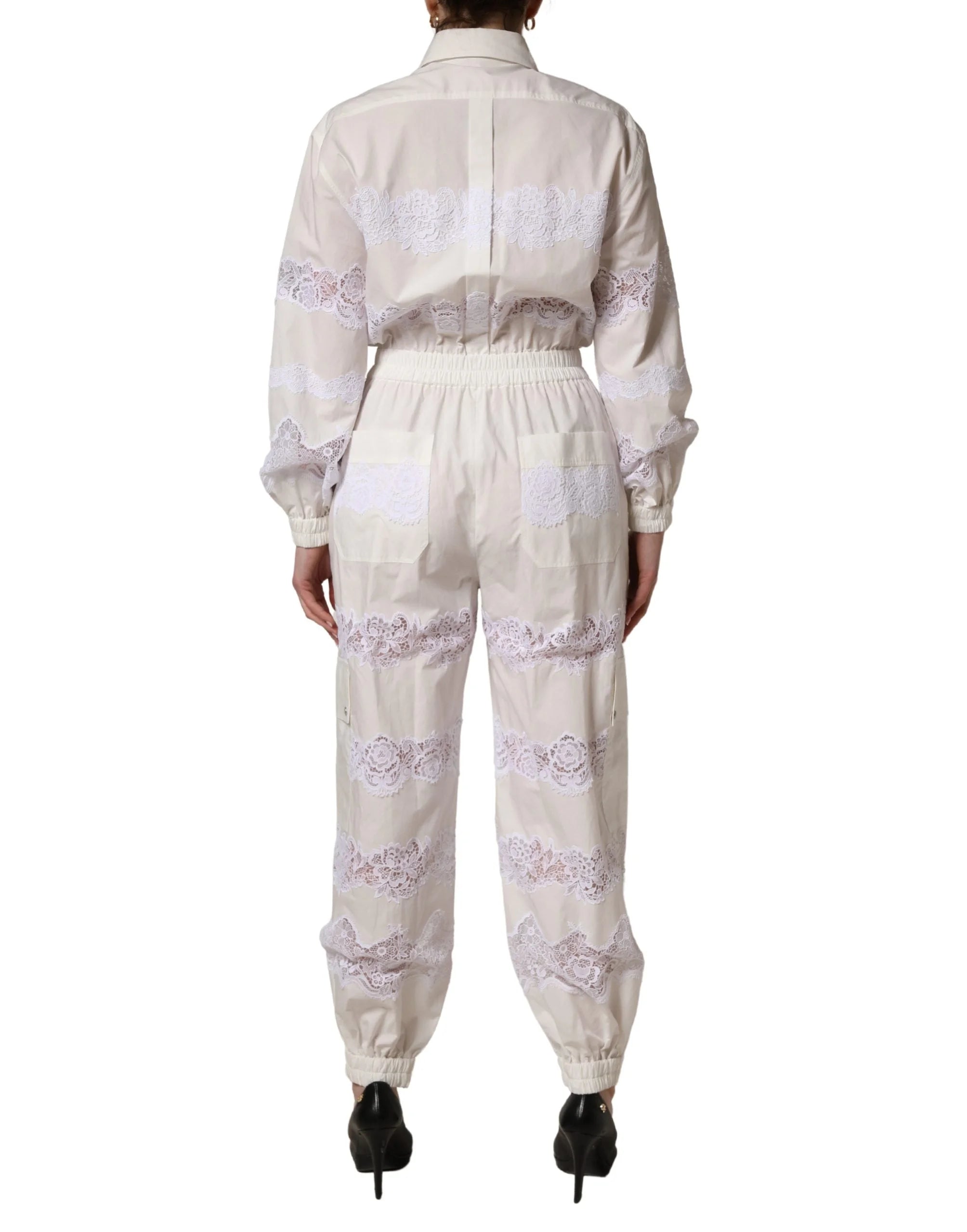 Dolce & Gabbana White Cotton Lace Trim Long Sleeves Jumpsuit - IT40|S