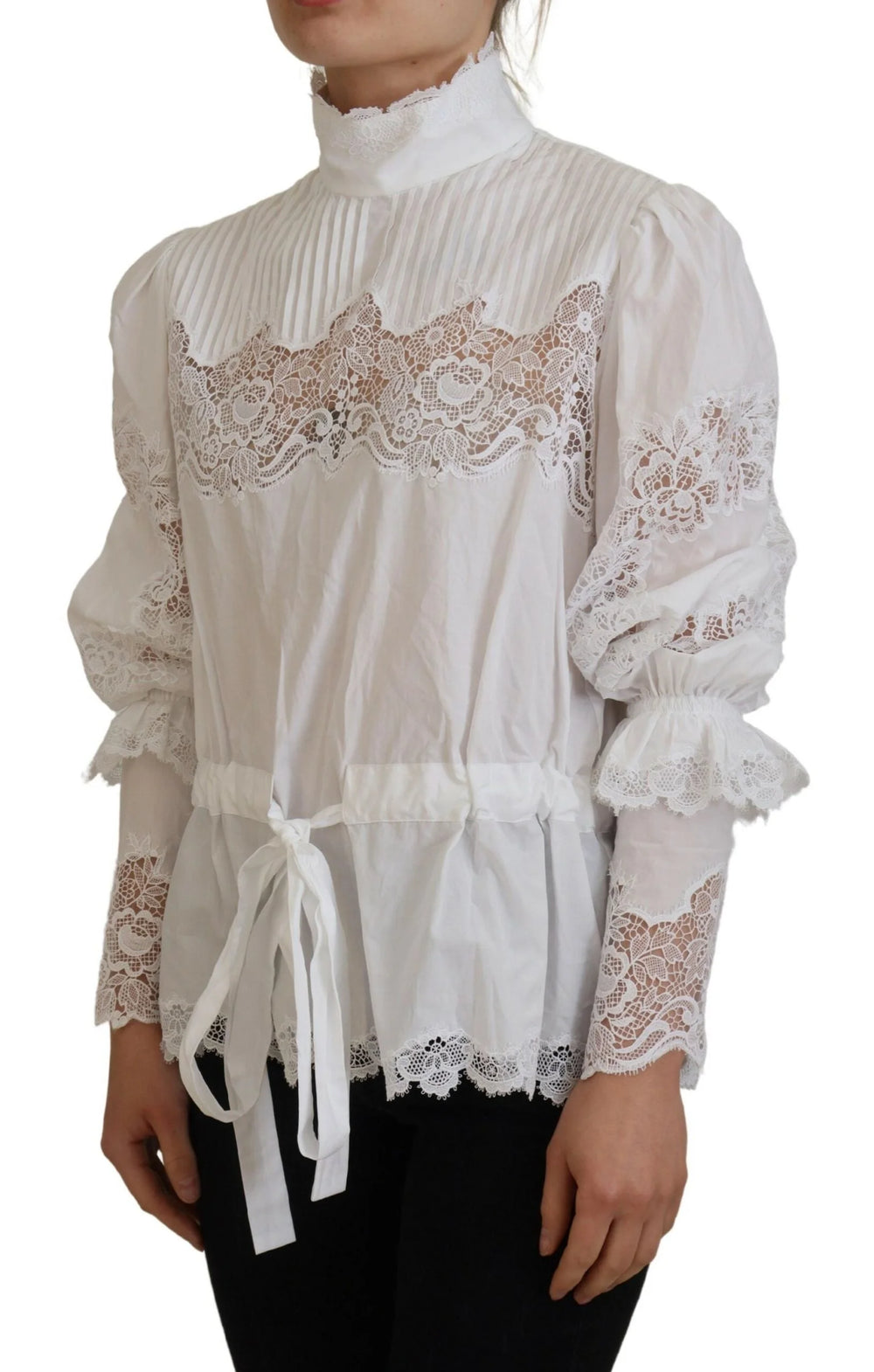 Dolce & Gabbana White Cotton Lace Trim Turtle Neck Blouse Top - IT40|S - Blouses