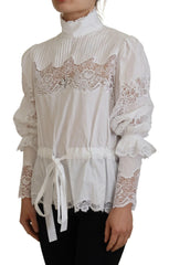 Dolce & Gabbana White Cotton Lace Trim Turtle Neck Blouse Top - IT40|S - Blouses