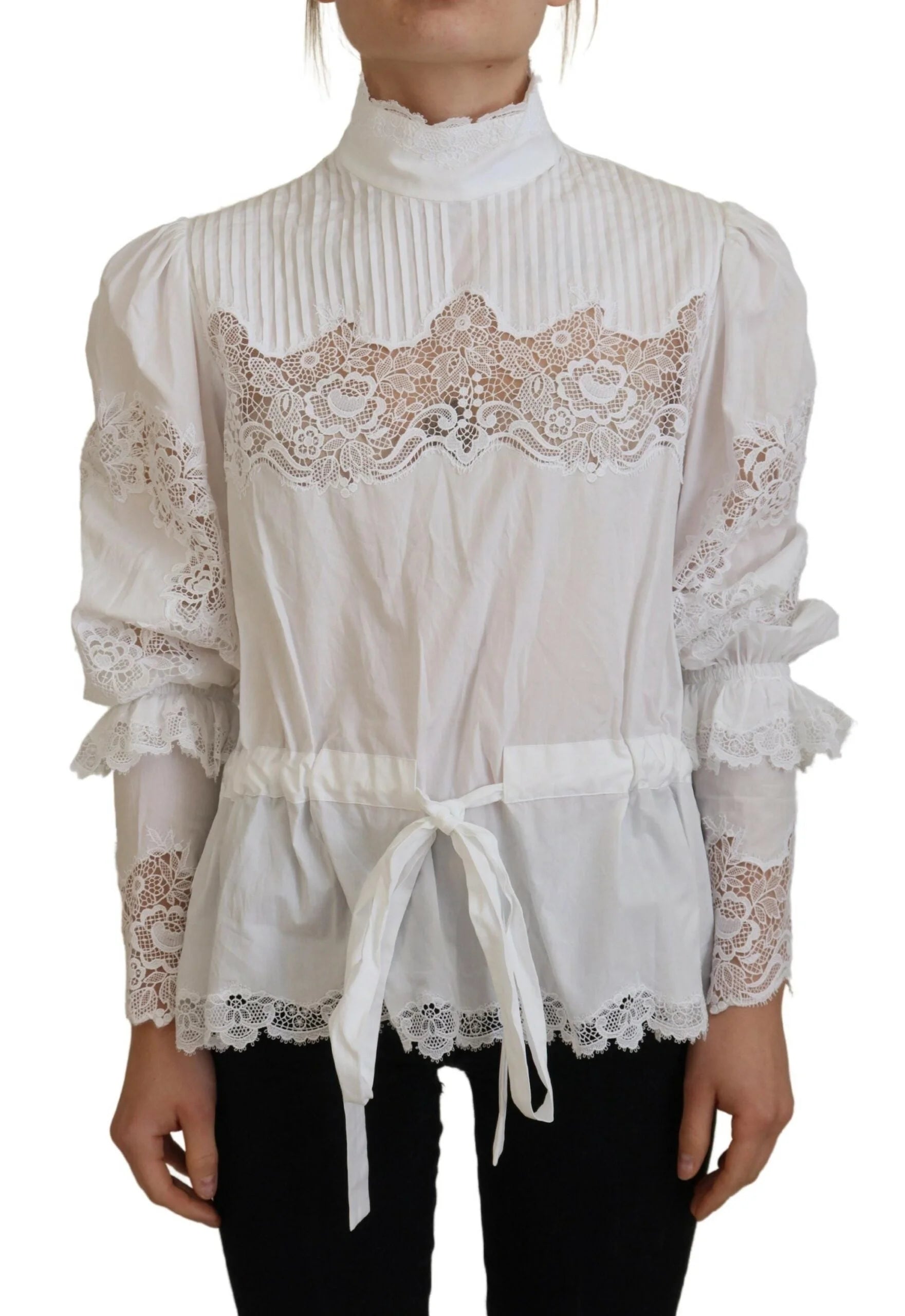 Dolce & Gabbana White Cotton Lace Trim Turtle Neck Blouse Top - IT40|S - Blouses